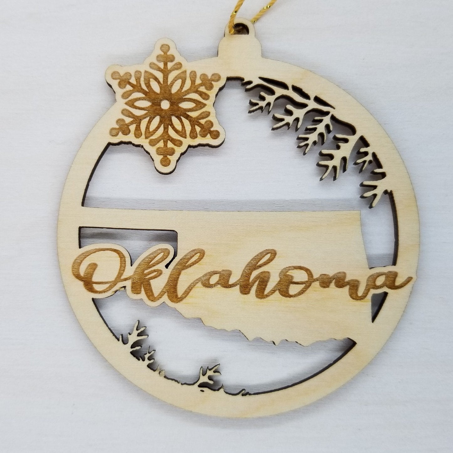 Oklahoma Wood Ornament - State Shape with Snowflakes OK Cutout - Handmade Wood Ornament Made in USA Christmas Decor