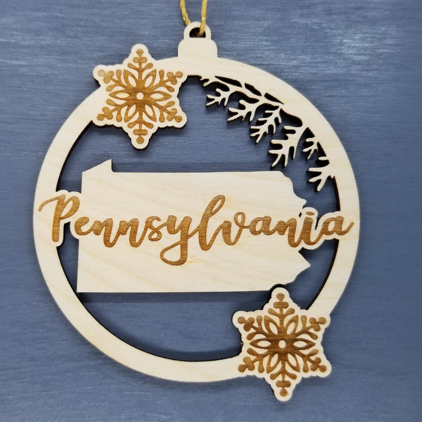 Pennsylvania Wood Ornament - PA State Shape with Snowflakes Cutout - Handmade Wood Ornament Made in USA Christmas Decor