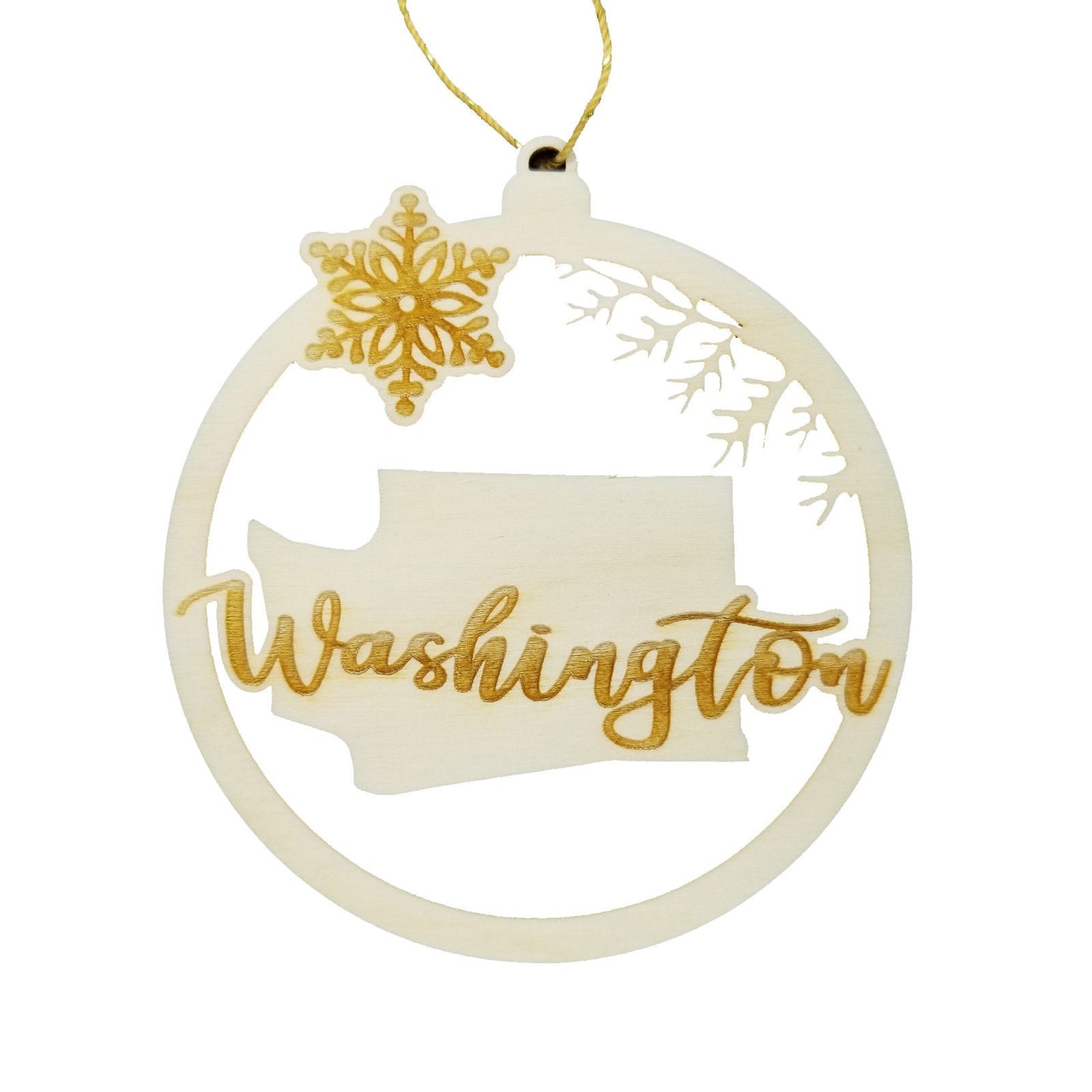 Washington Wood Ornament - WA State Shape with Snowflakes Cutout - Handmade Made in USA Christmas Decor