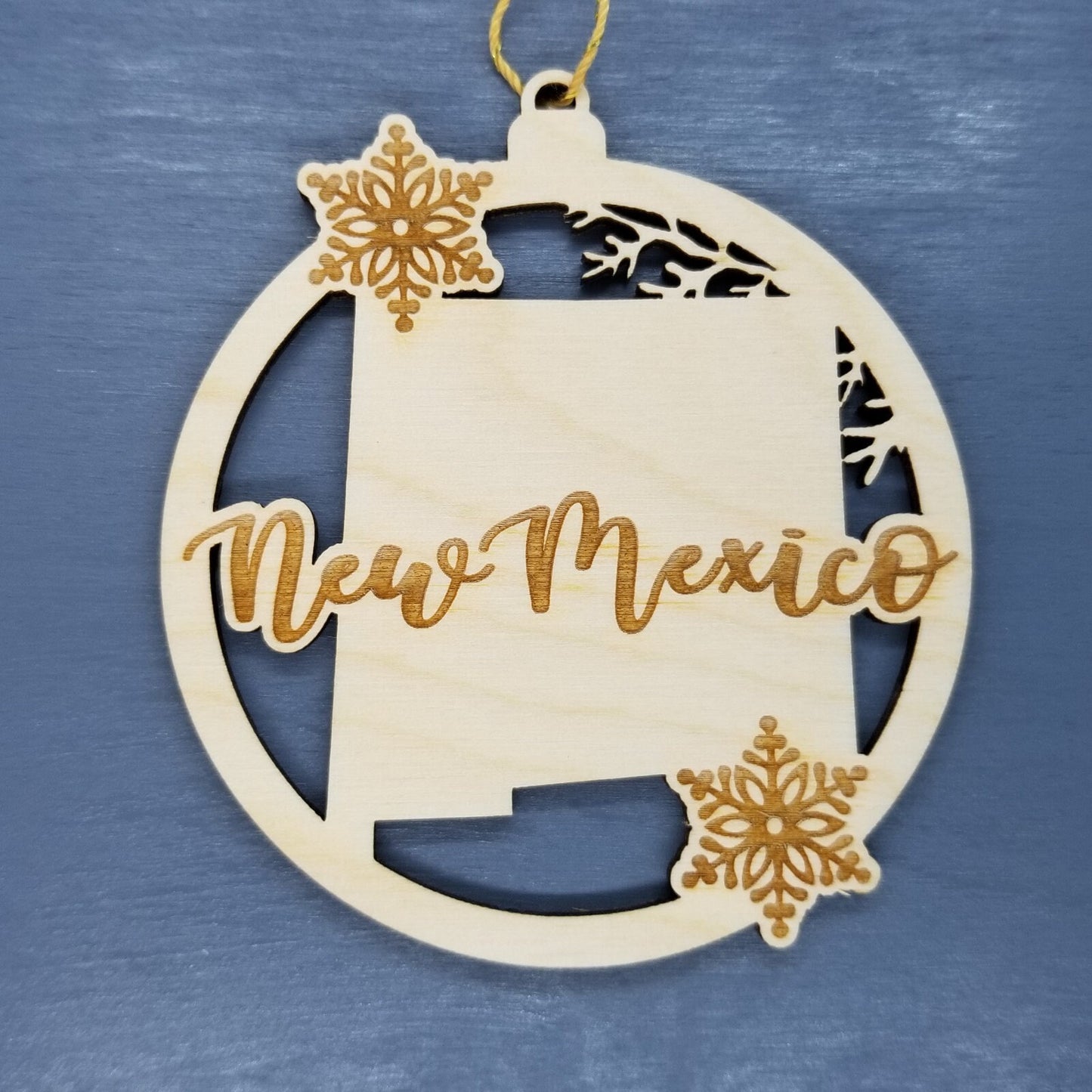 New Mexico Wood Ornament - State Shape with Snowflakes Cutout NM - Handmade Wood Ornament Made in USA Christmas Decor