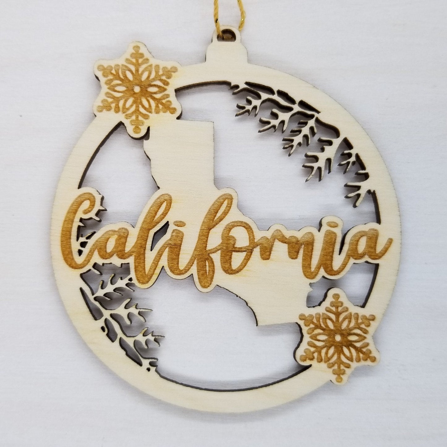 California Wood Ornament - CA State Shape with Snowflakes Cutout - Handmade Wood Ornament Made in USA Christmas Decor