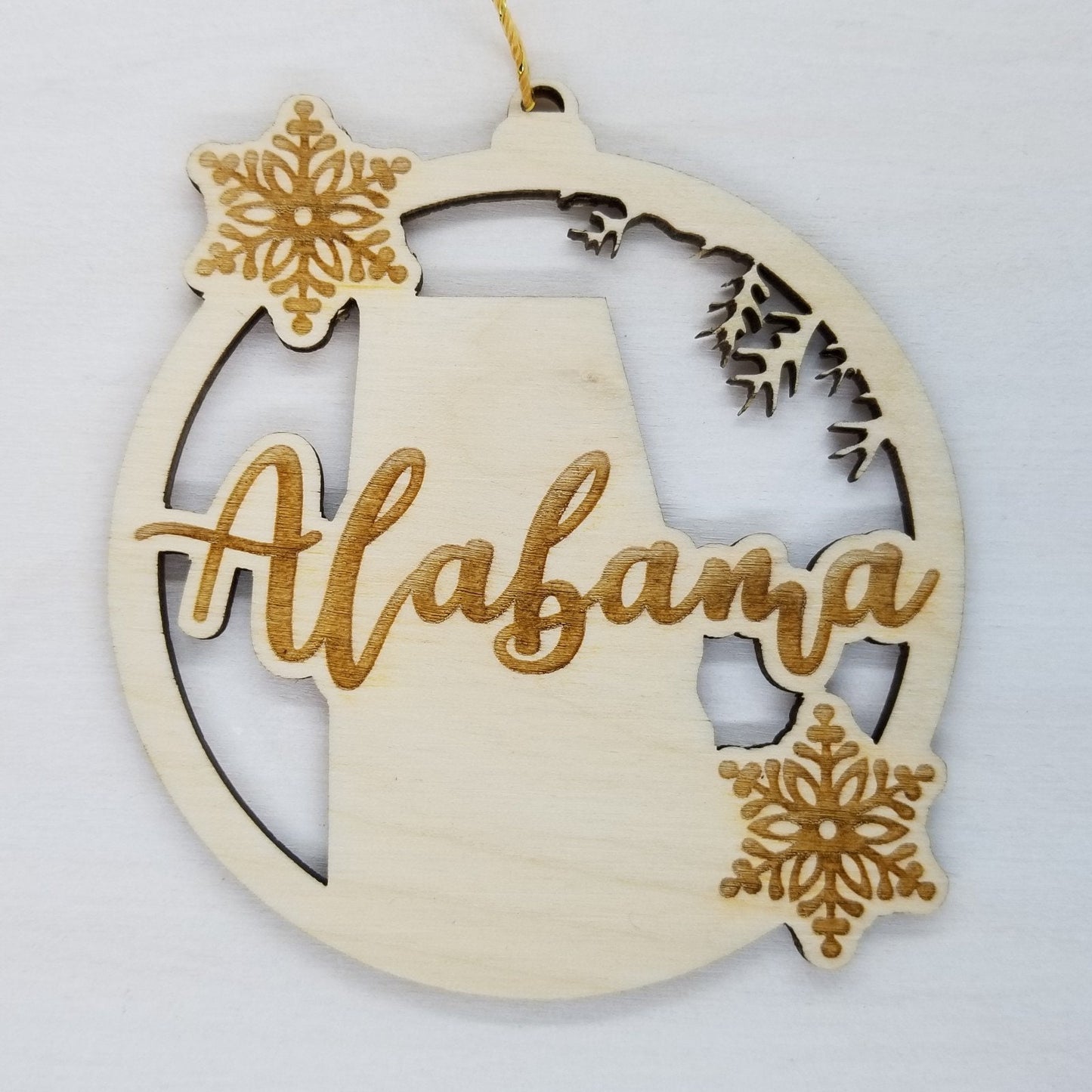 Alabama Wood Ornament - AL State Shape with Snowflakes Cutout - Handmade Wood Ornament Made in USA Christmas Decor