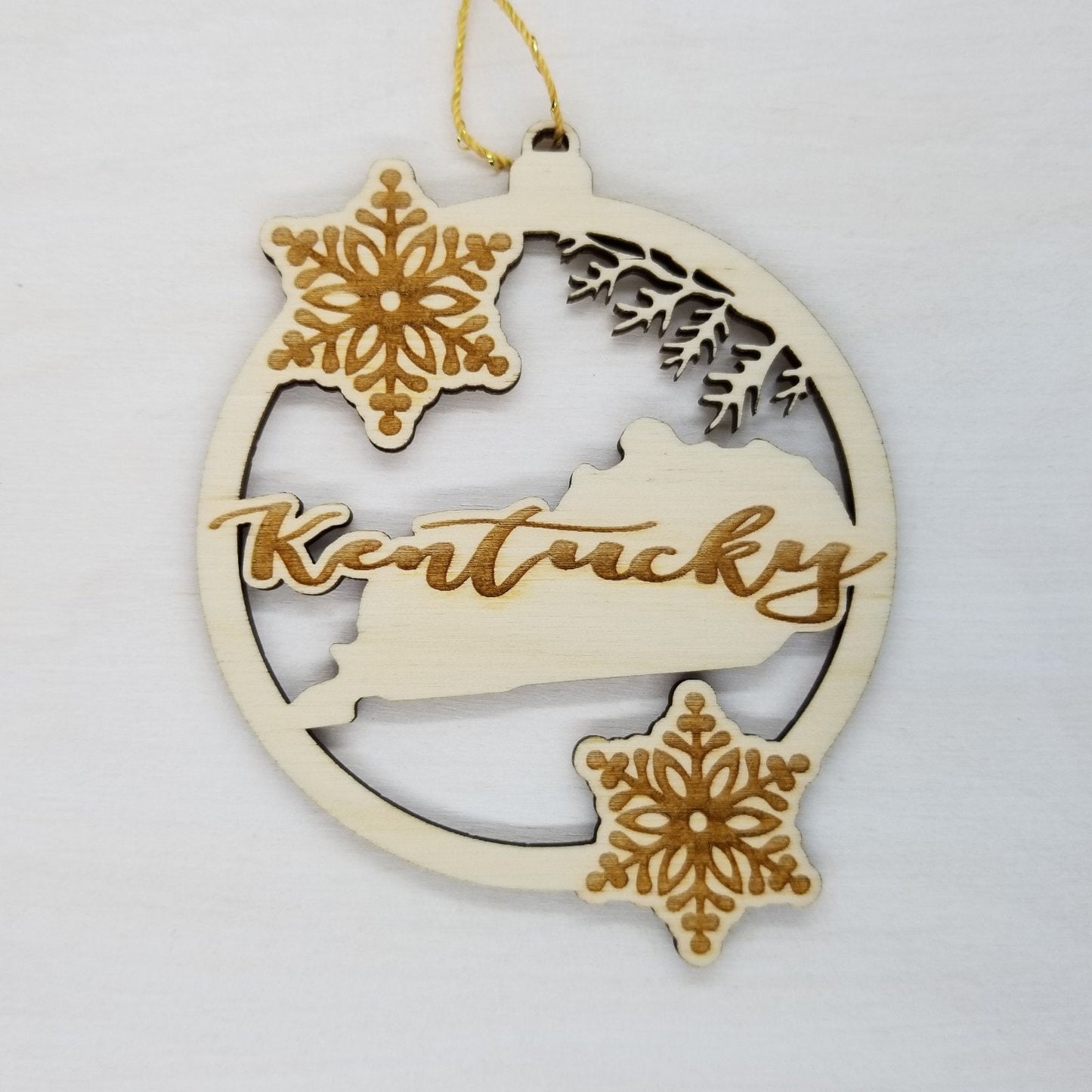 Kentucky Wood Ornament - KY State Shape with Snowflakes Cutout - Handmade Wood Ornament Made in USA Christmas Decor