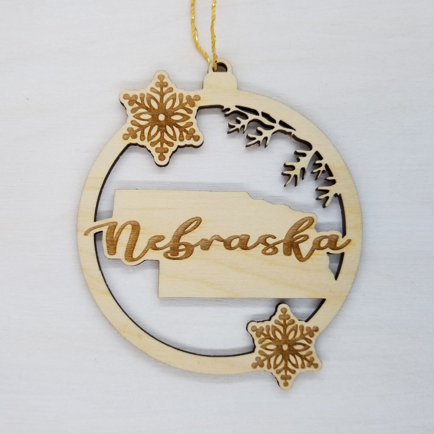 Nebraska Wood Ornament - State Shape with Snowflakes Cutout NE- Handmade Wood Ornament Made in USA Christmas Decor