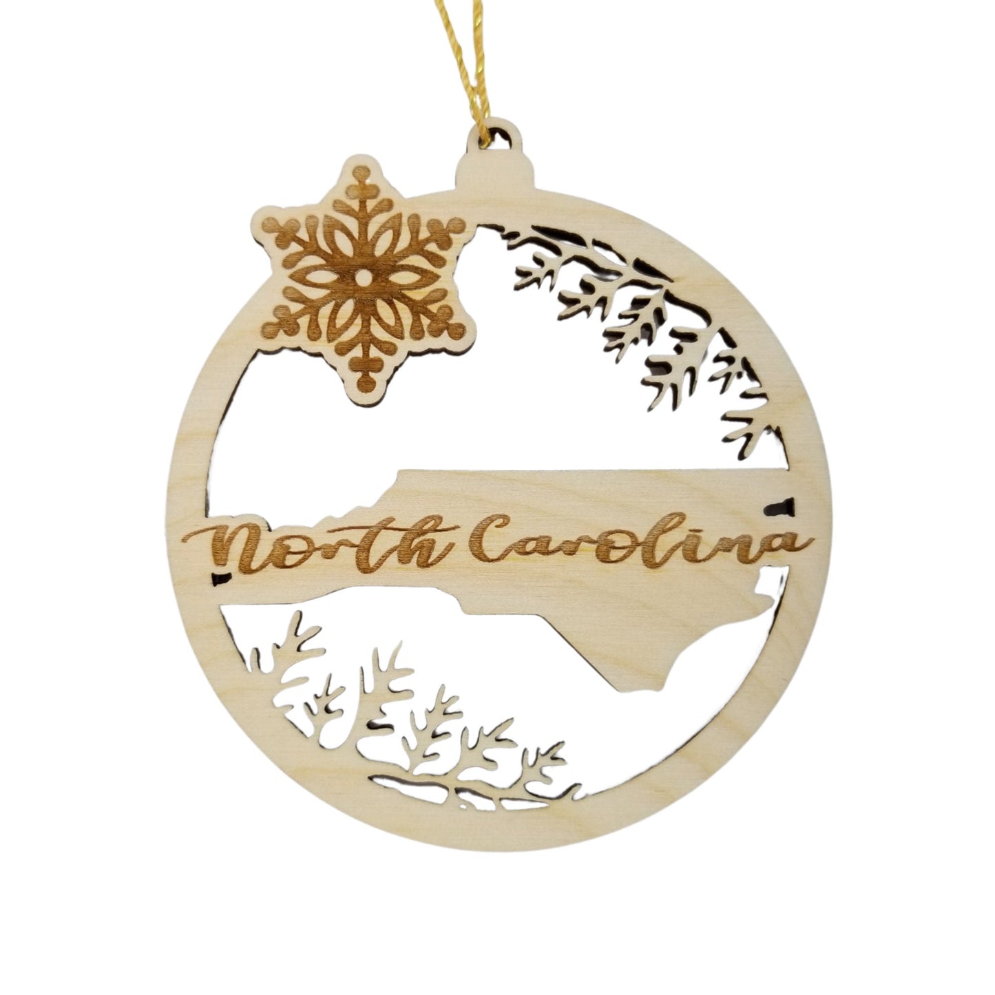 North Carolina Wood Ornament - NC State Shape with Snowflakes Cutout - Handmade Wood Ornament Made in USA Christmas Decor