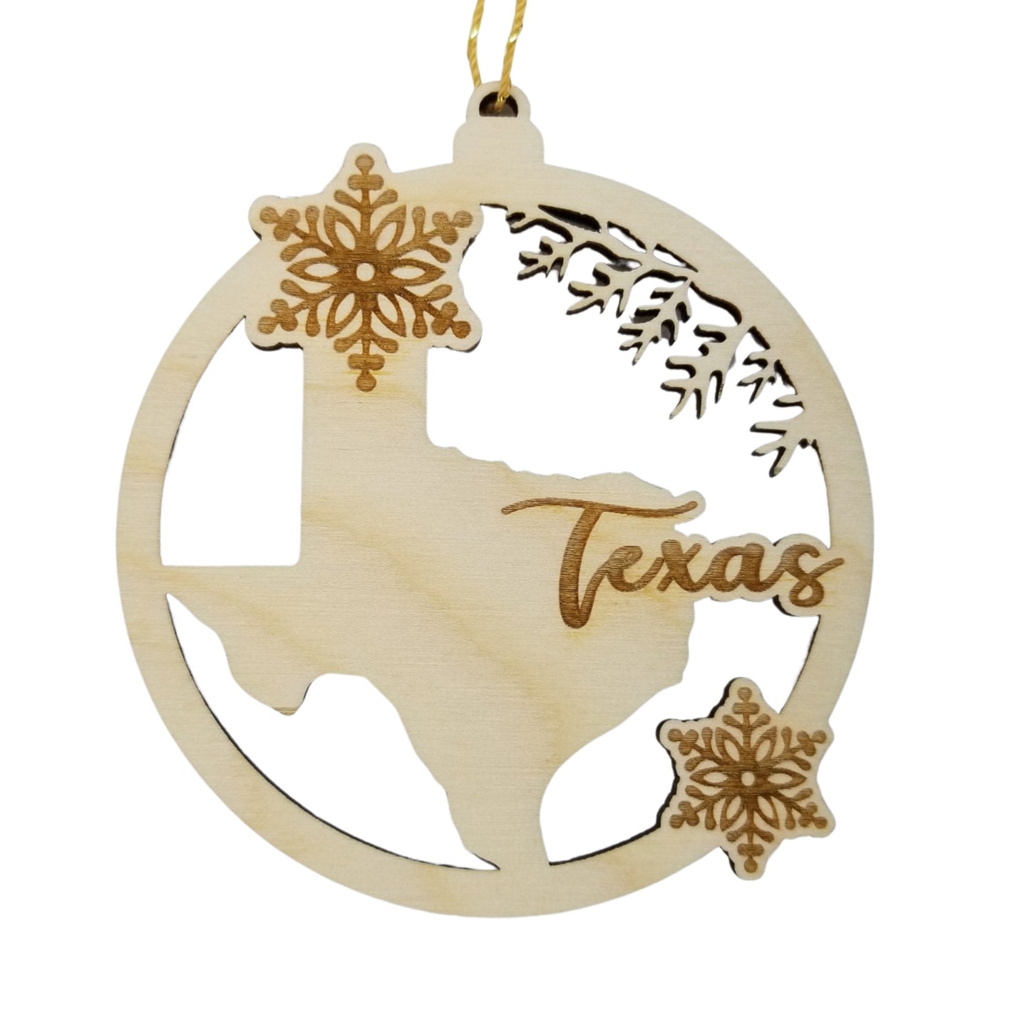 Texas Wood Ornament - TX State Shape with Snowflakes Cutout - Handmade Wood Ornament Made in USA Christmas Decor