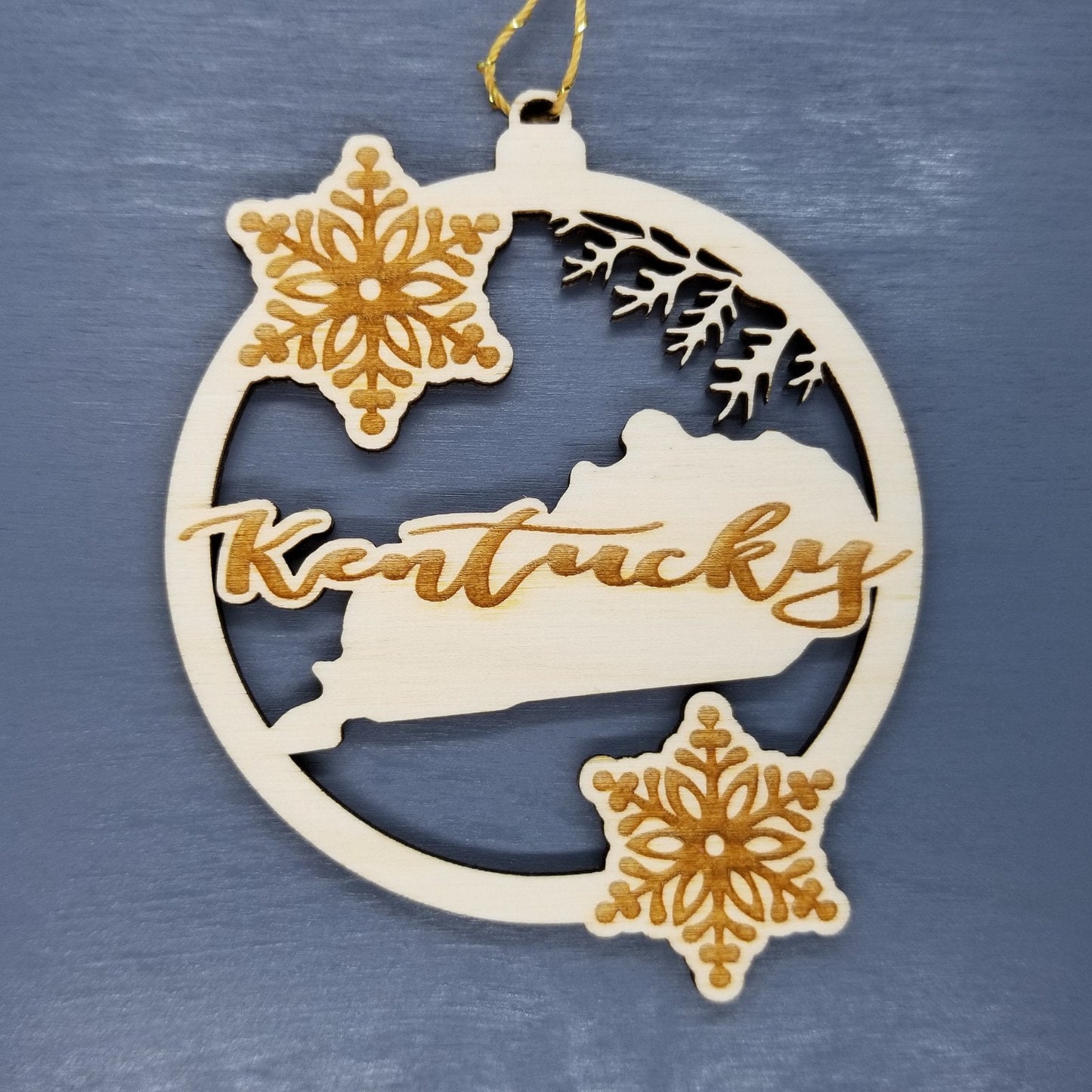 Kentucky Wood Ornament - KY State Shape with Snowflakes Cutout - Handmade Wood Ornament Made in USA Christmas Decor
