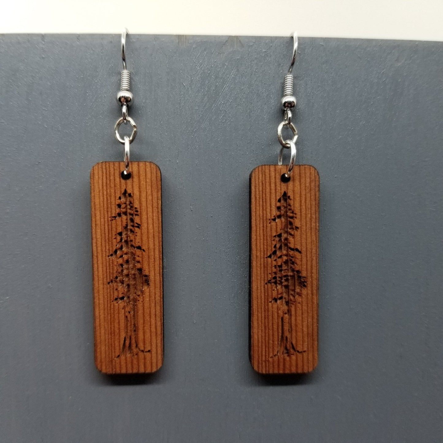 Redwood Earrings - Engraved Tree Rectangle Wood Earrings - Dangle Earrings - CA Souvenir - D22