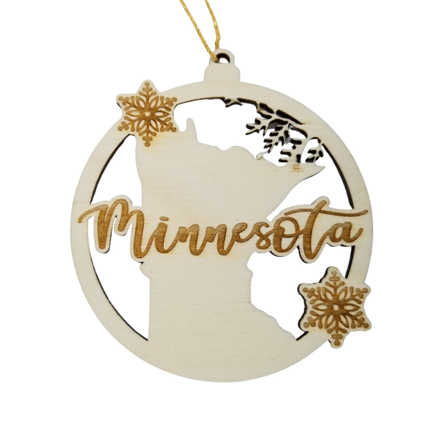 Minnesota Wood Ornament - MN State Shape with Snowflakes Cutout - Handmade in USA - 15398