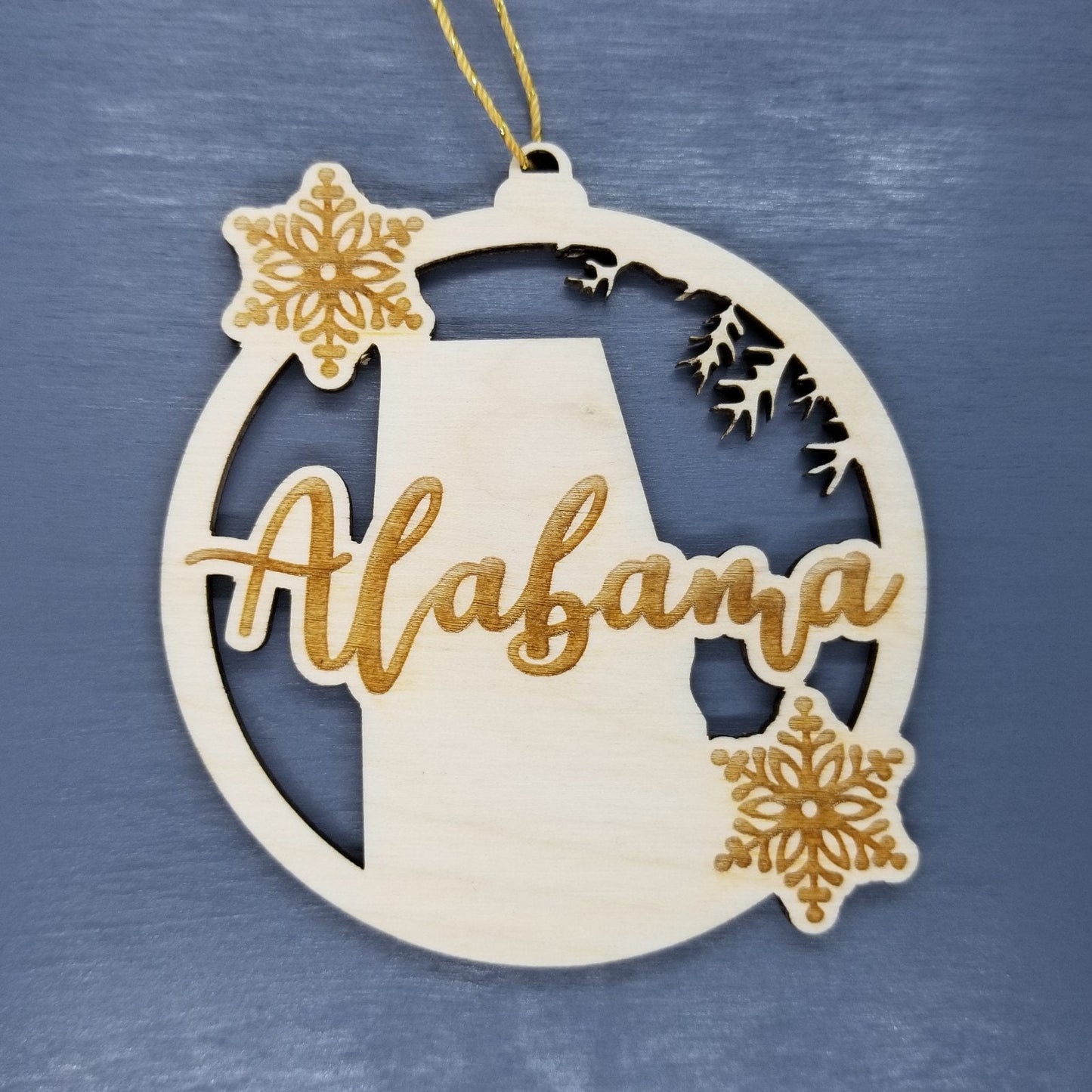 Alabama Wood Ornament - AL State Shape with Snowflakes Cutout - Handmade Wood Ornament Made in USA Christmas Decor
