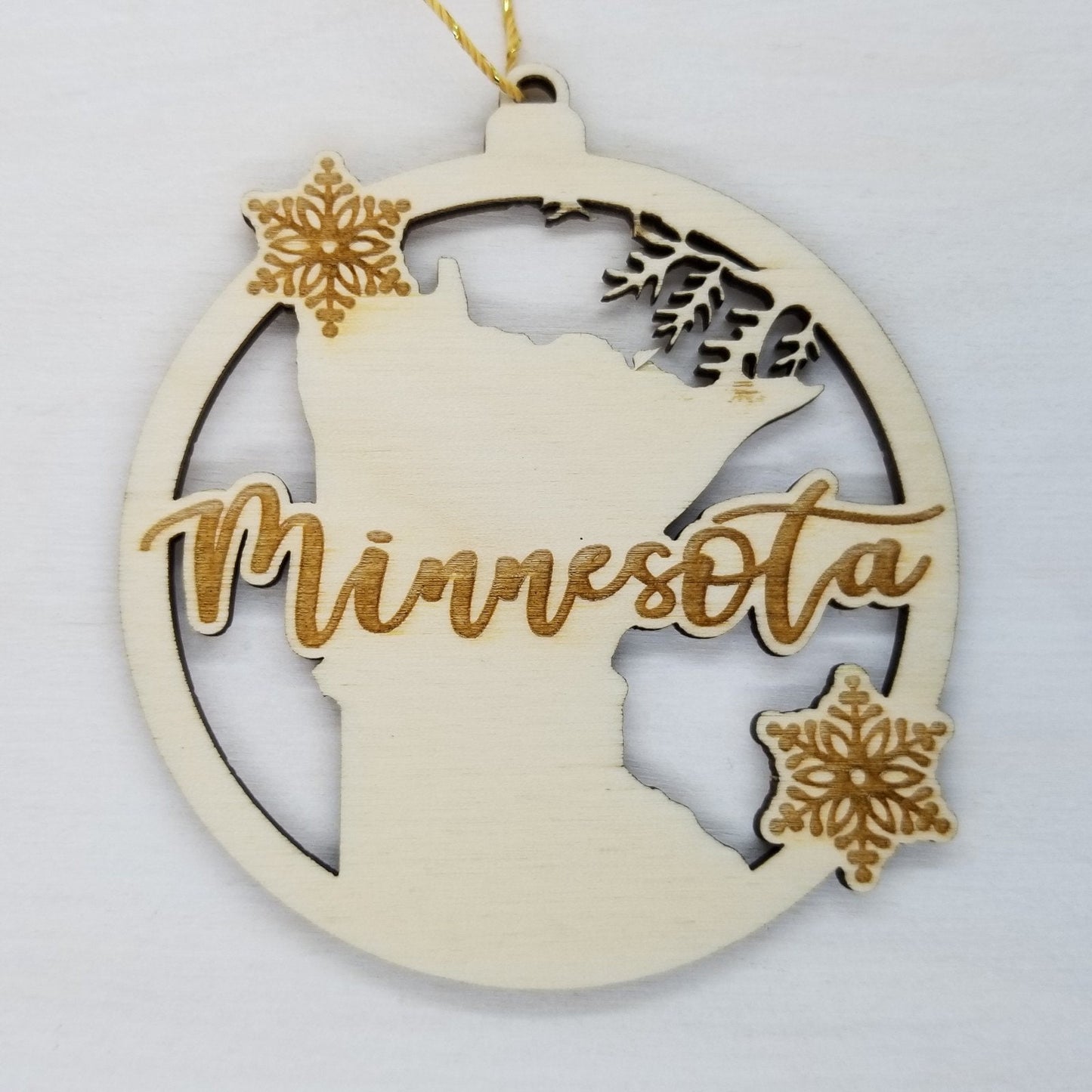 Minnesota Wood Ornament - MN State Shape with Snowflakes Cutout - Handmade in USA - 15398