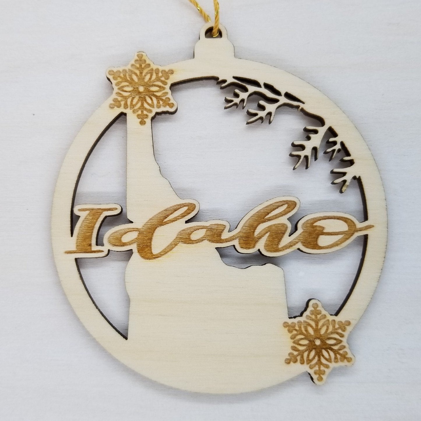 Idaho Wood Ornament - ID State Shape with Snowflakes Cutout - Handmade Wood Ornament Made in USA Christmas Decor