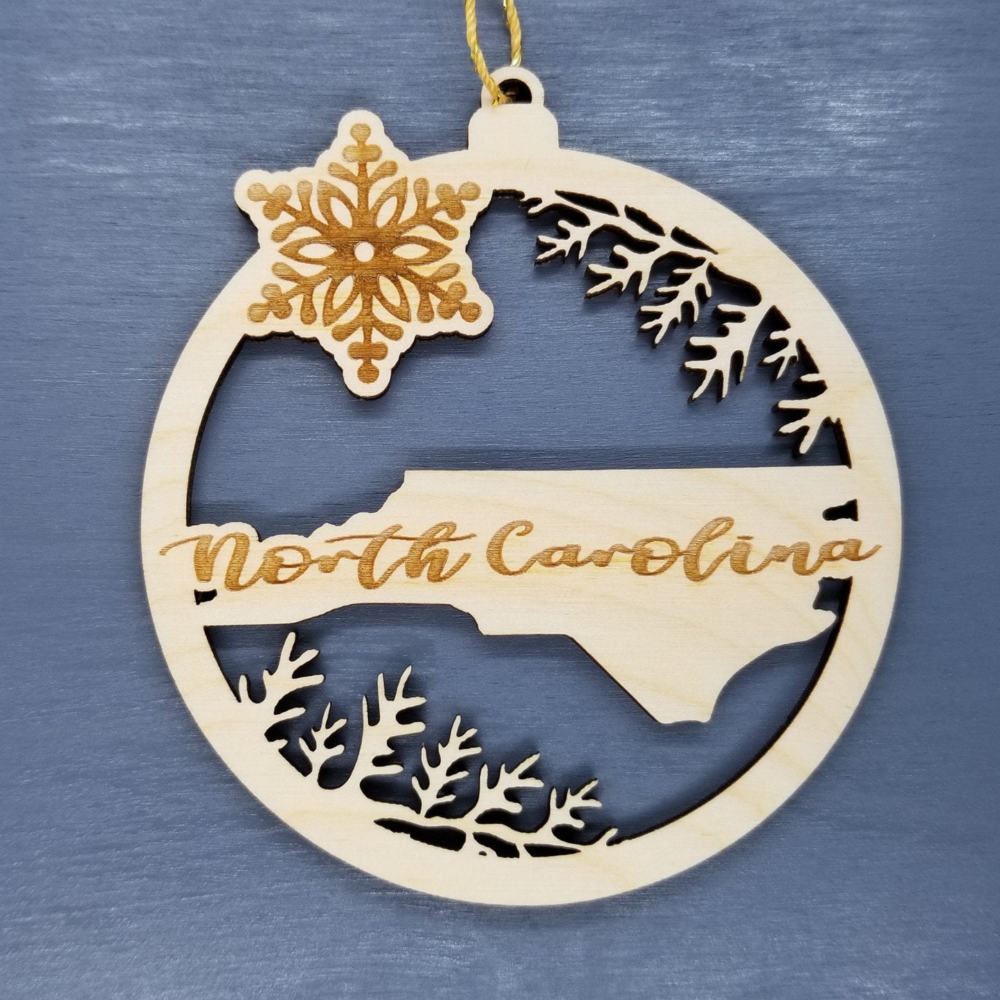 North Carolina Wood Ornament - NC State Shape with Snowflakes Cutout - Handmade Wood Ornament Made in USA Christmas Decor