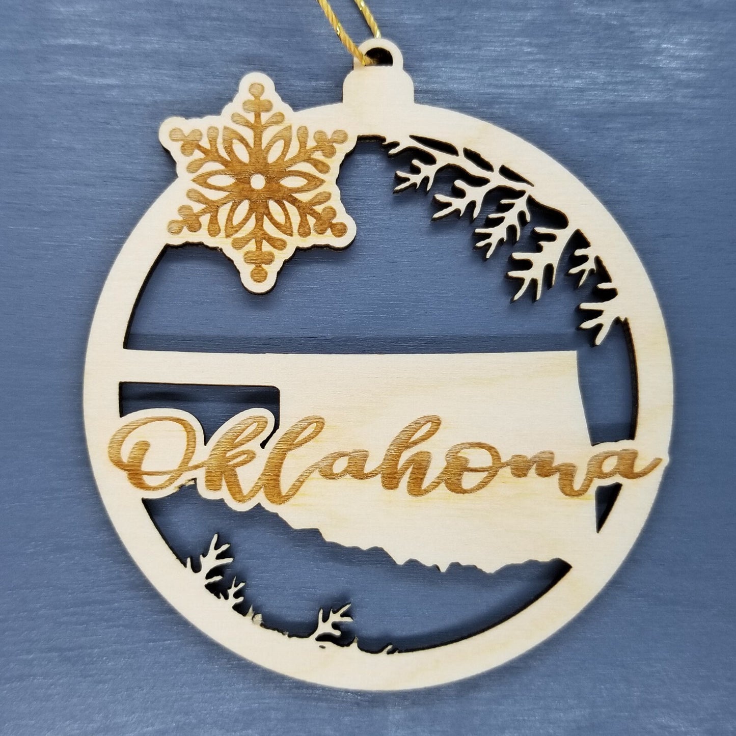 Oklahoma Wood Ornament - State Shape with Snowflakes OK Cutout - Handmade Wood Ornament Made in USA Christmas Decor