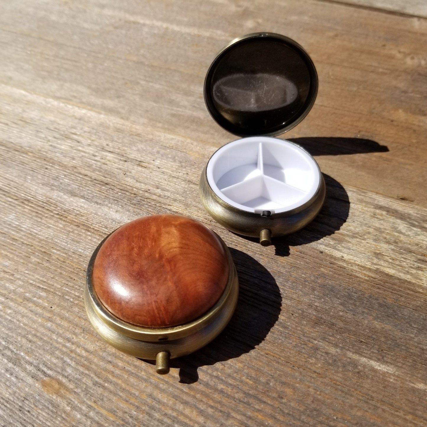 California Burl Handmade Pill Box 3 Sections Redwood Top Souvenir - 1015 ASST