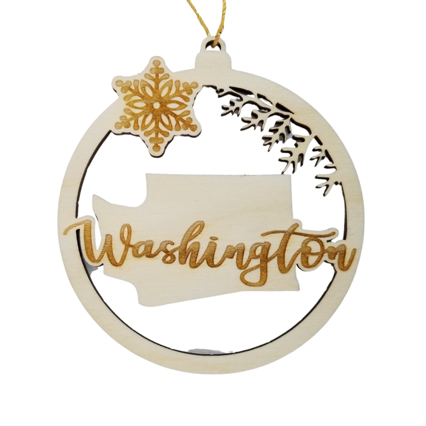 Washington Wood Ornament - WA State Shape with Snowflakes Cutout - Handmade Made in USA Christmas Decor