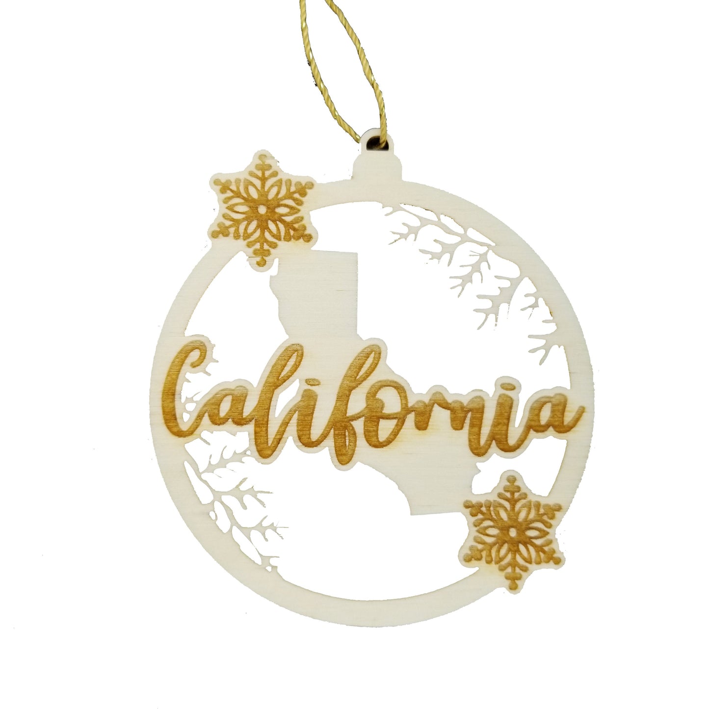California Wood Ornament - CA State Shape with Snowflakes Cutout - Handmade Wood Ornament Made in USA Christmas Decor