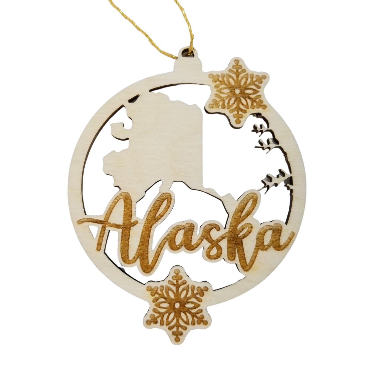 Alaska Wood Ornament - State Shape with Snowflakes AK Cutout - Handmade Wood Ornament Made in USA Christmas Decor