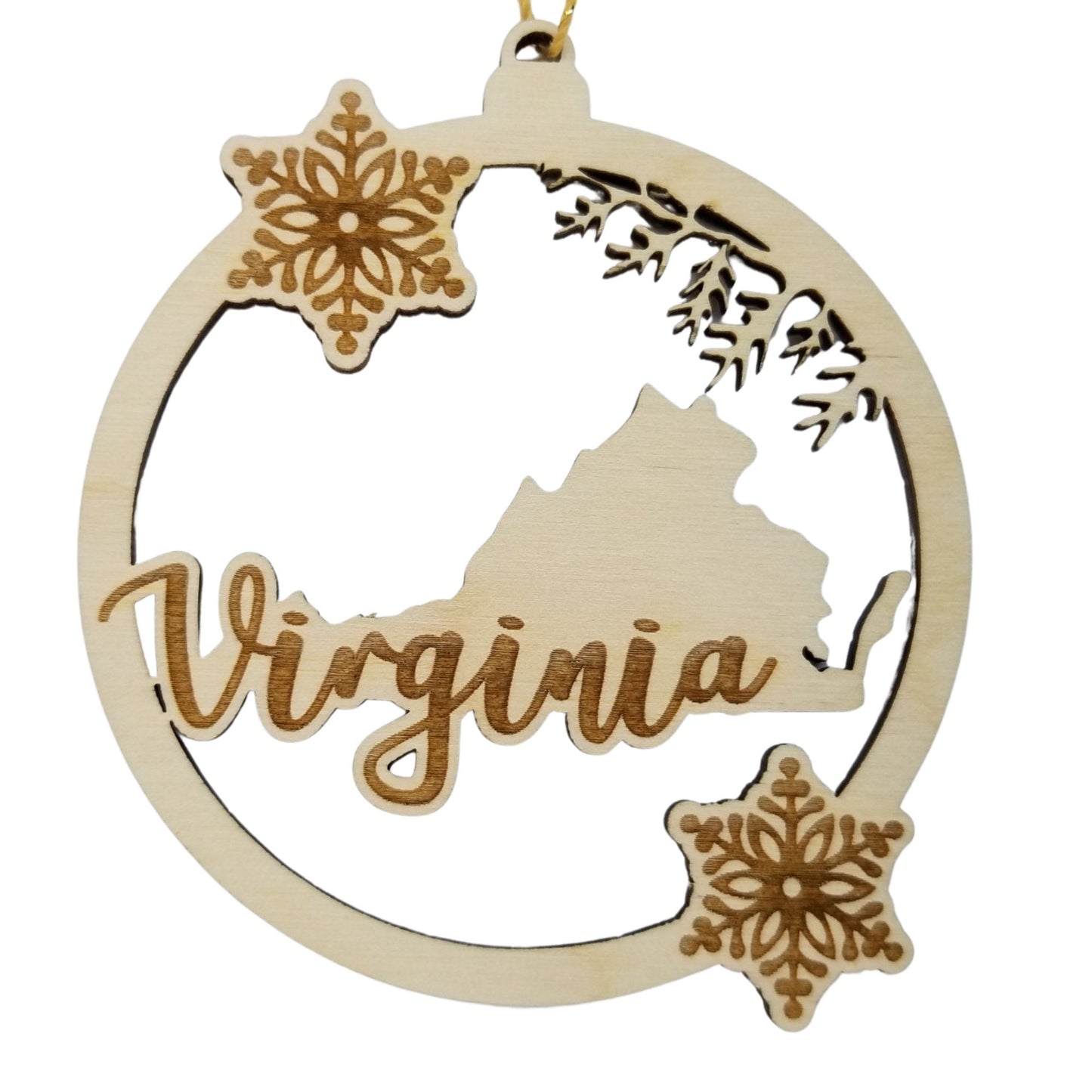 Virginia Wood Ornament - VA State Shape with Snowflakes Cutout - Handmade Wood Ornament Made in USA Christmas Decor