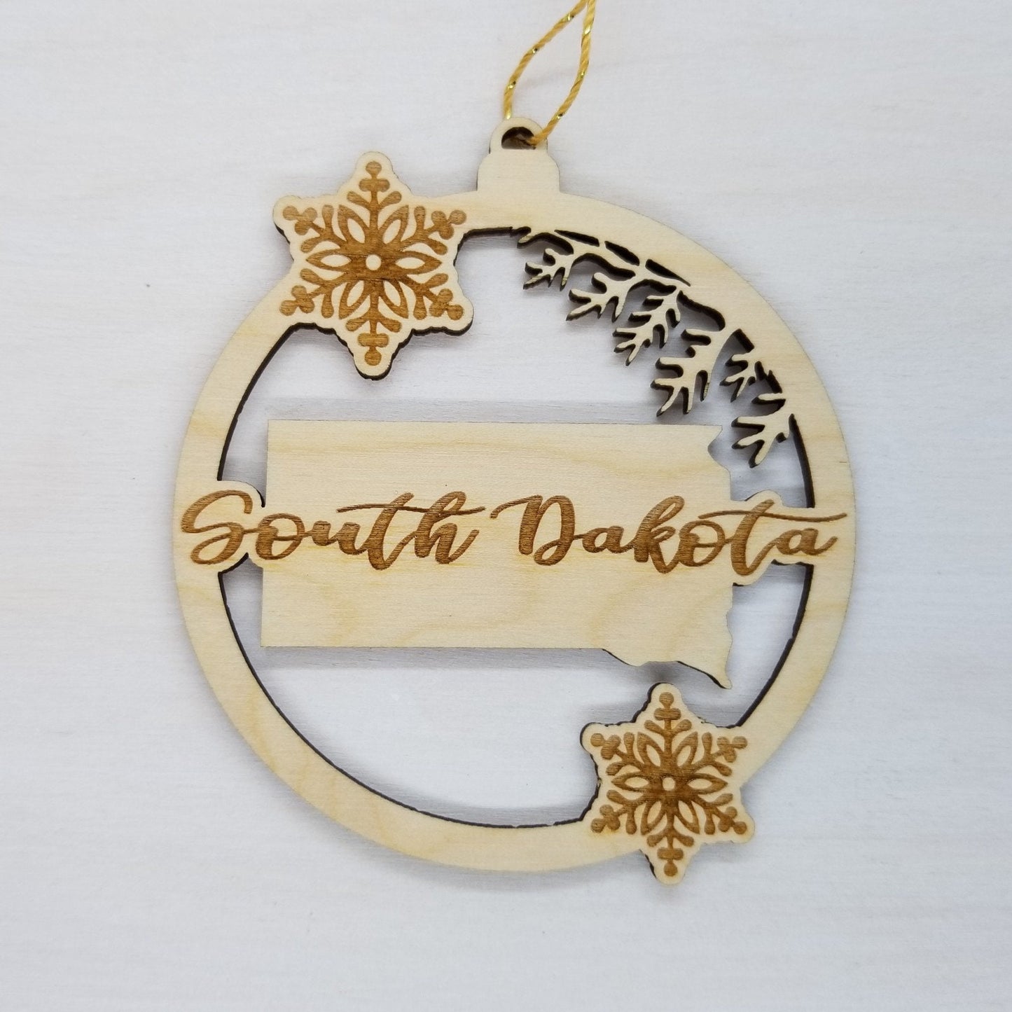South Dakota Wood Ornament - SD State Shape with Snowflakes Cutout - Handmade Wood Ornament Made in USA Christmas Decor