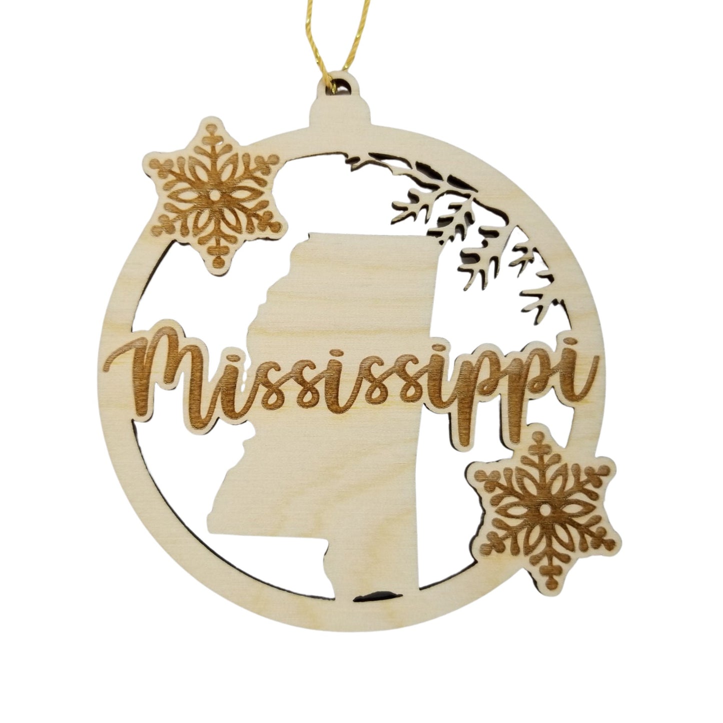 Mississippi Wood Ornament - MS State Shape with Snowflakes Cutout - Handmade in USA - 15385