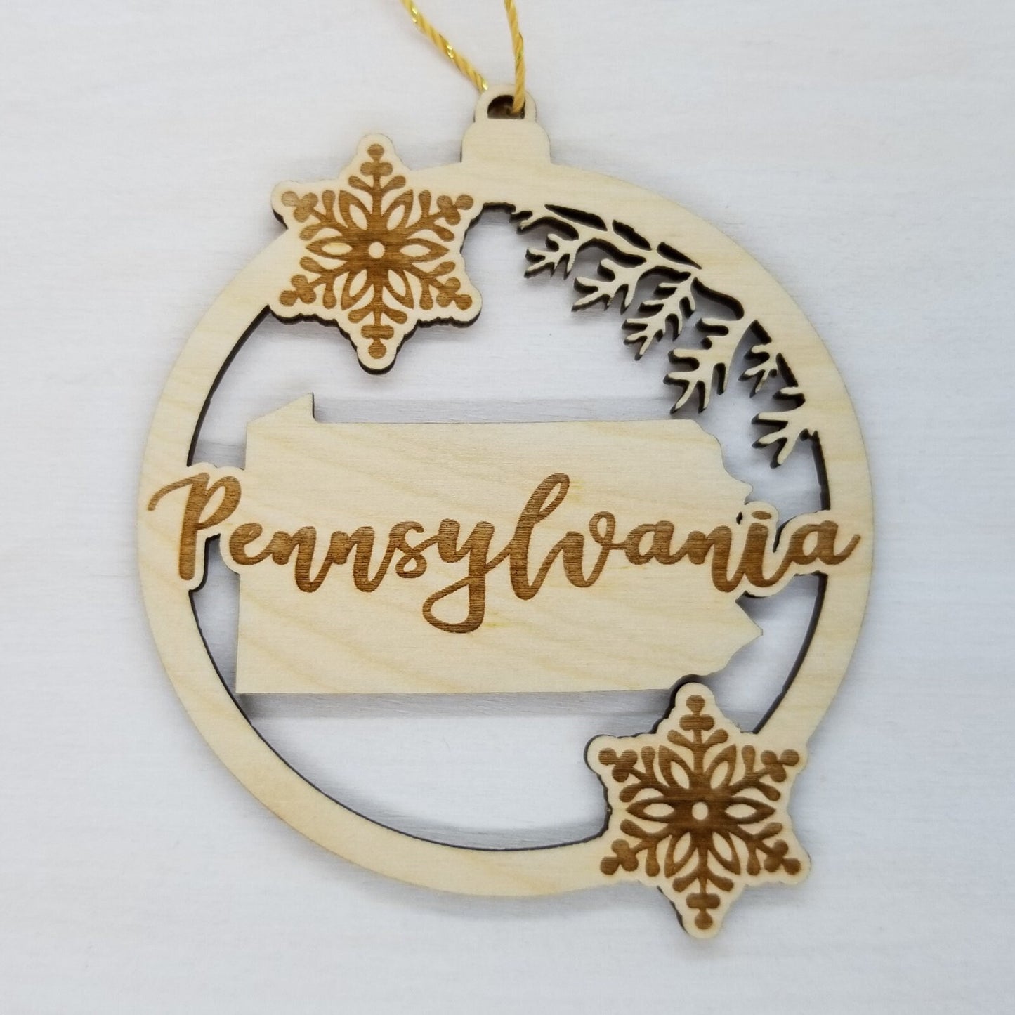 Pennsylvania Wood Ornament - PA State Shape with Snowflakes Cutout - Handmade Wood Ornament Made in USA Christmas Decor