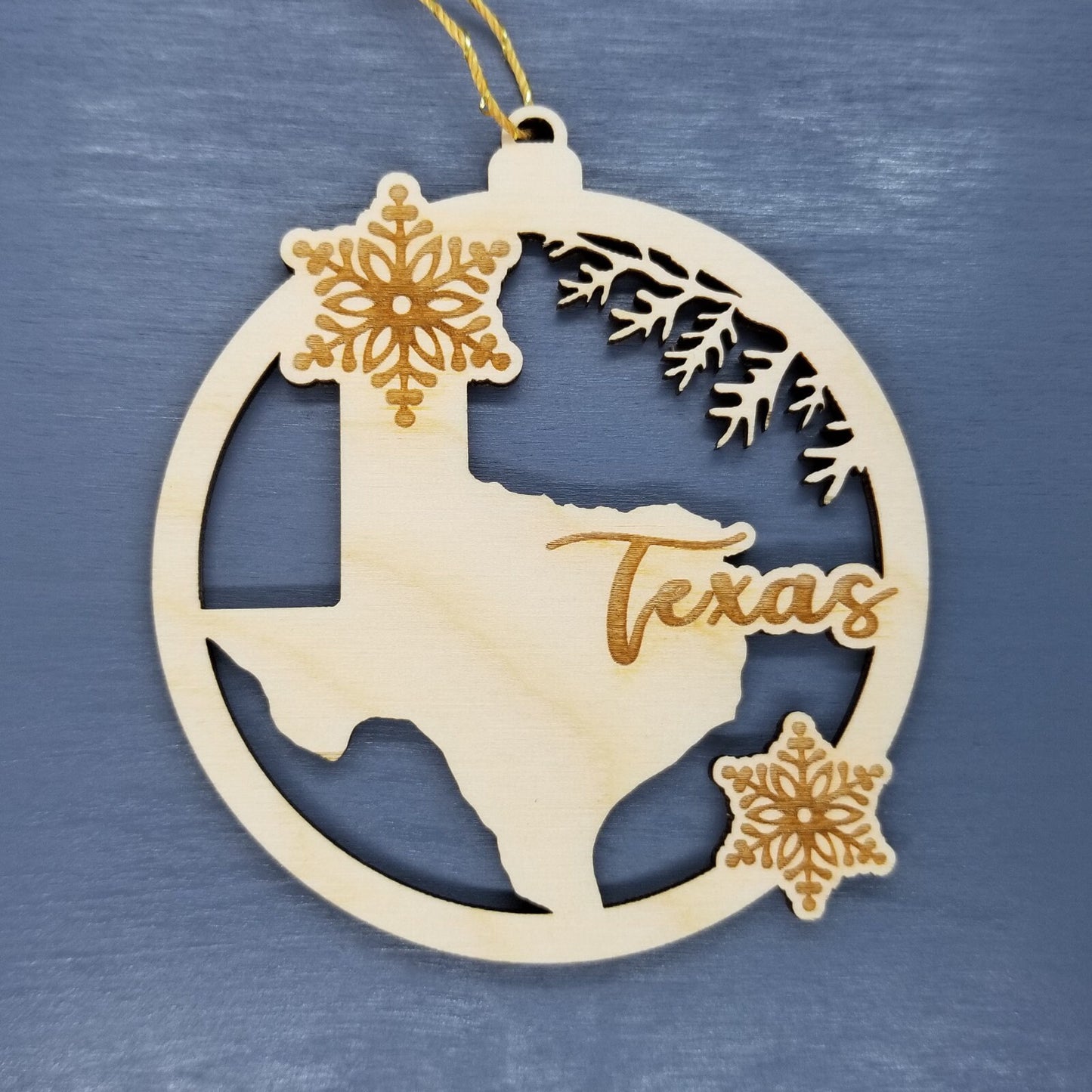 Texas Wood Ornament - TX State Shape with Snowflakes Cutout - Handmade Wood Ornament Made in USA Christmas Decor