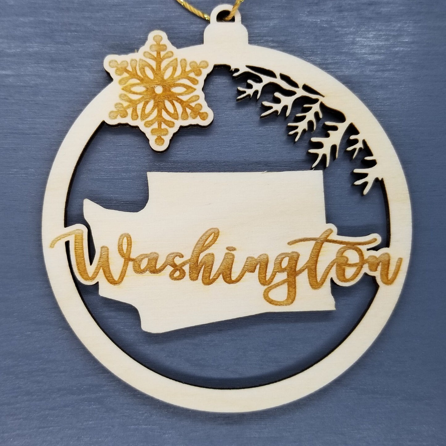 Washington Wood Ornament - WA State Shape with Snowflakes Cutout - Handmade Made in USA Christmas Decor
