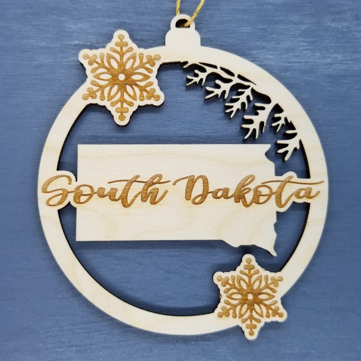 South Dakota Wood Ornament - SD State Shape with Snowflakes Cutout - Handmade Wood Ornament Made in USA Christmas Decor