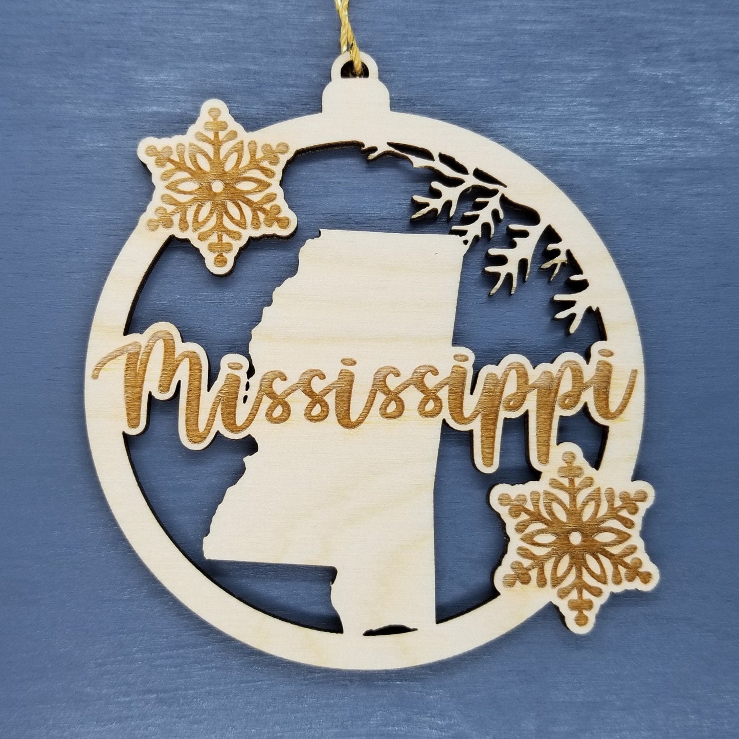 Mississippi Wood Ornament - MS State Shape with Snowflakes Cutout - Handmade in USA - 15385