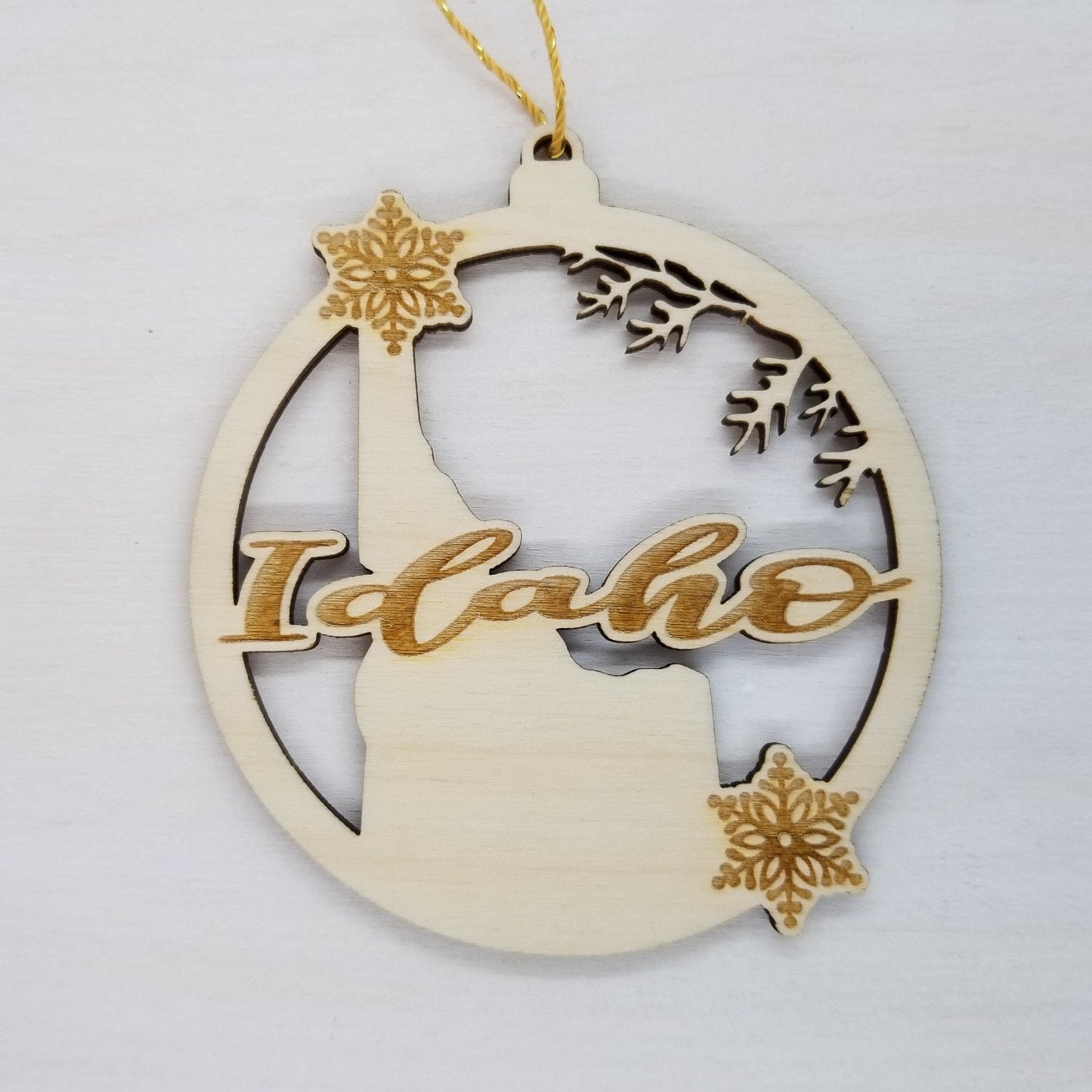Idaho Wood Ornament - ID State Shape with Snowflakes Cutout - Handmade Wood Ornament Made in USA Christmas Decor