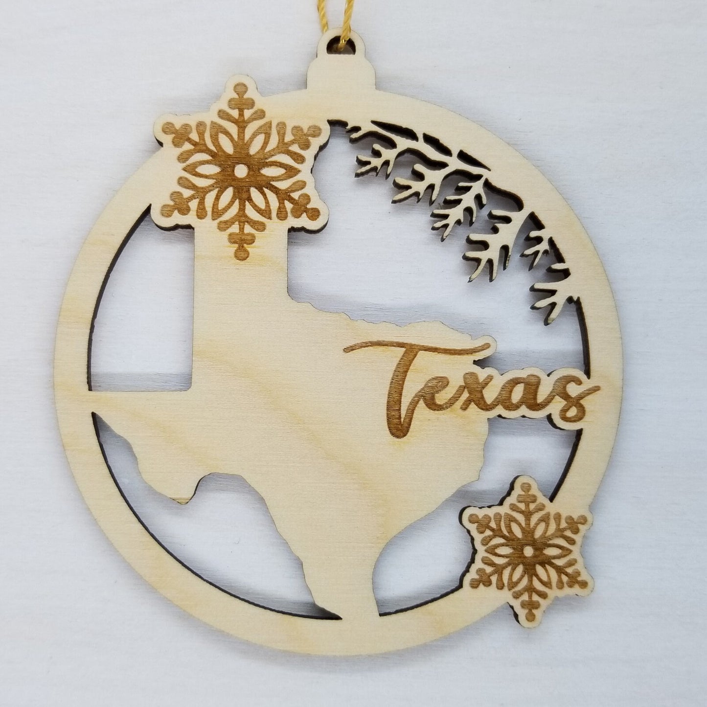 Texas Wood Ornament - TX State Shape with Snowflakes Cutout - Handmade Wood Ornament Made in USA Christmas Decor
