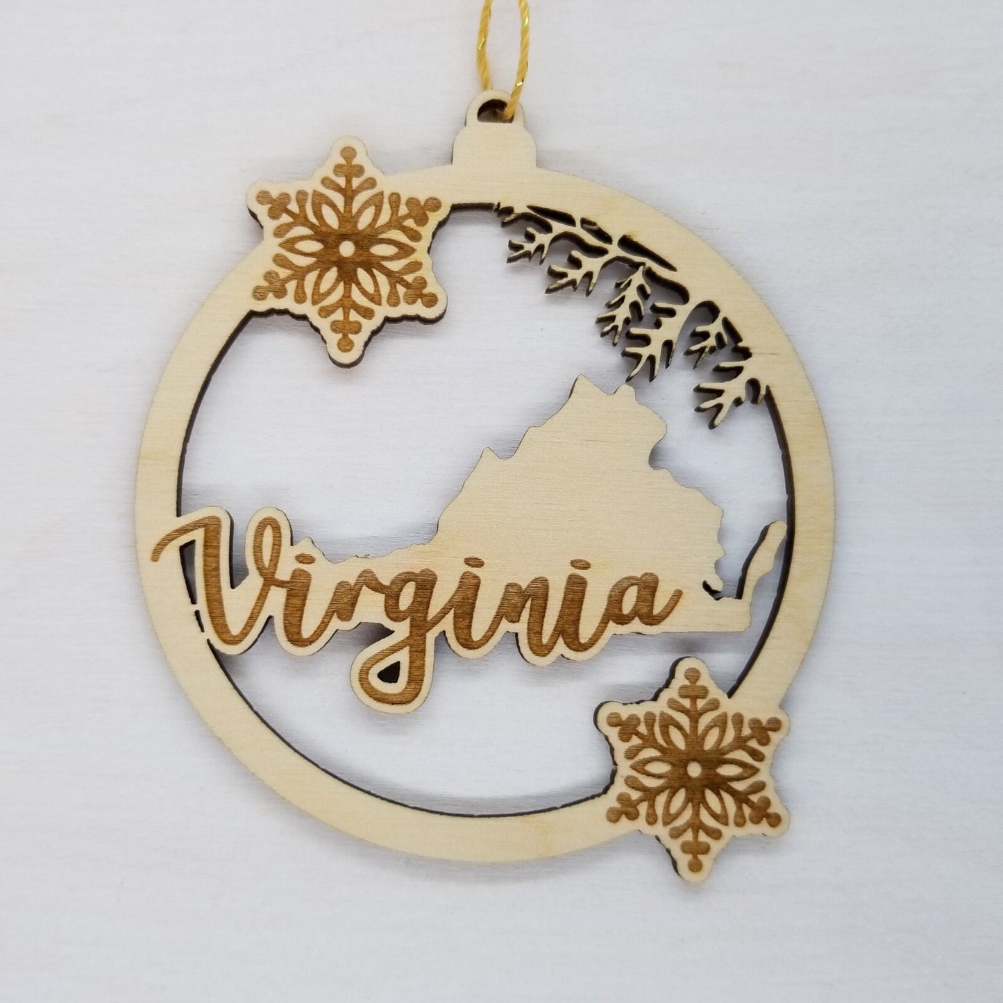 Virginia Wood Ornament - VA State Shape with Snowflakes Cutout - Handmade Wood Ornament Made in USA Christmas Decor