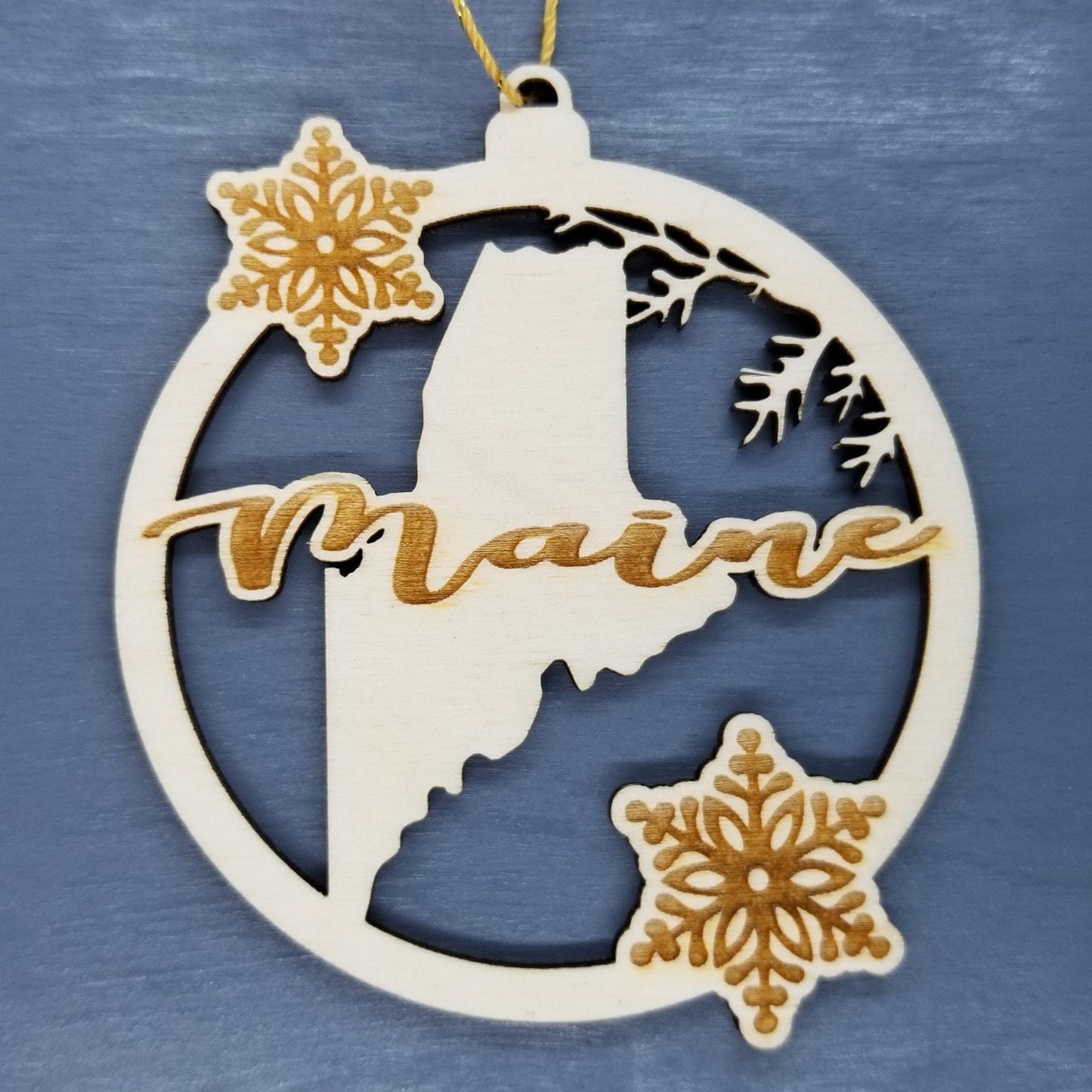 Maine Wood Ornament - State Shape with Snowflakes Cutout ME - Handmade Wood Ornament Made in USA Christmas Decor
