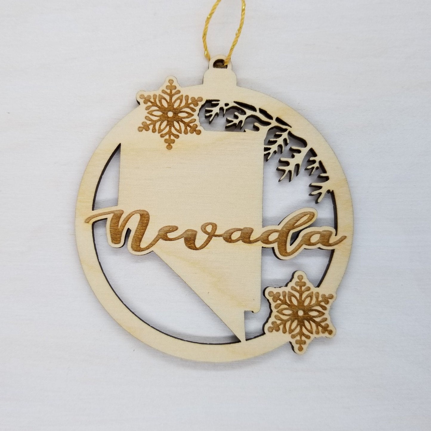 Nevada Wood Ornament - NV State Shape with Snowflakes Cutout - Handmade Wood Ornament Made in USA Christmas Decor