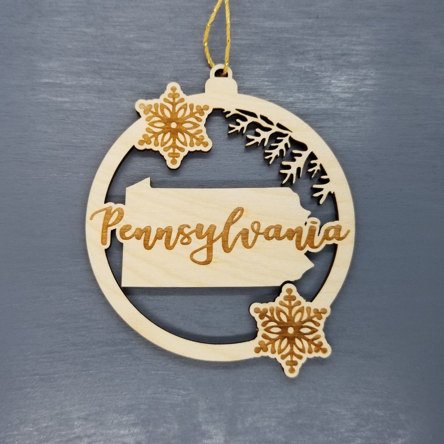 Pennsylvania Wood Ornament - PA State Shape with Snowflakes Cutout - Handmade Wood Ornament Made in USA Christmas Decor