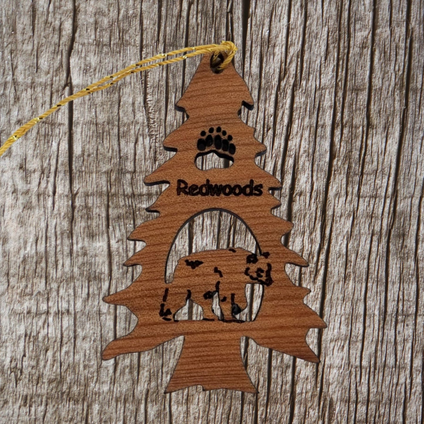 Bear in a Tree Ornament Christmas California Redwoods Souvenir Handmade Wood Ornament - 15017