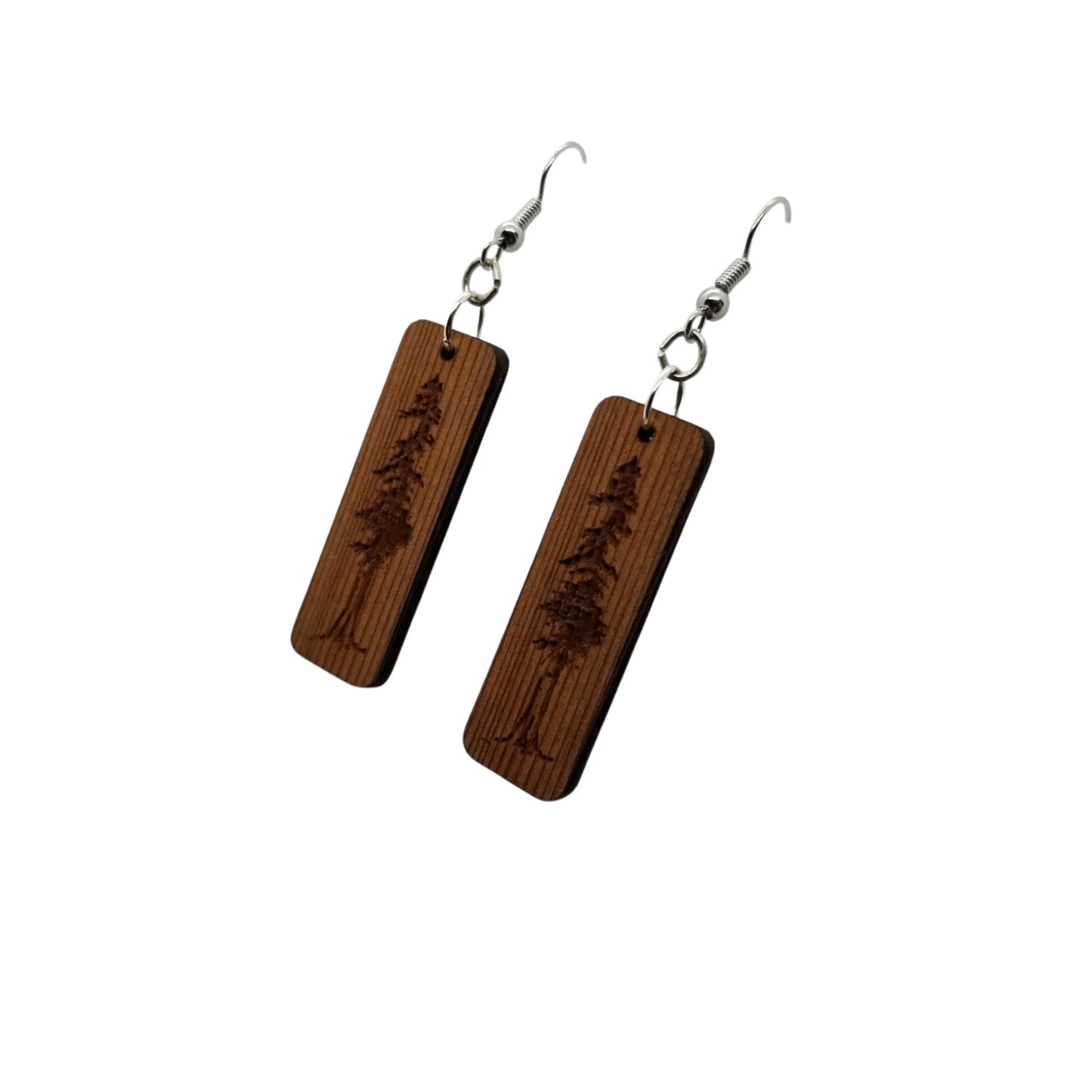 Redwood Earrings - Engraved Tree Rectangle Wood Earrings - Dangle Earrings - CA Souvenir - D22