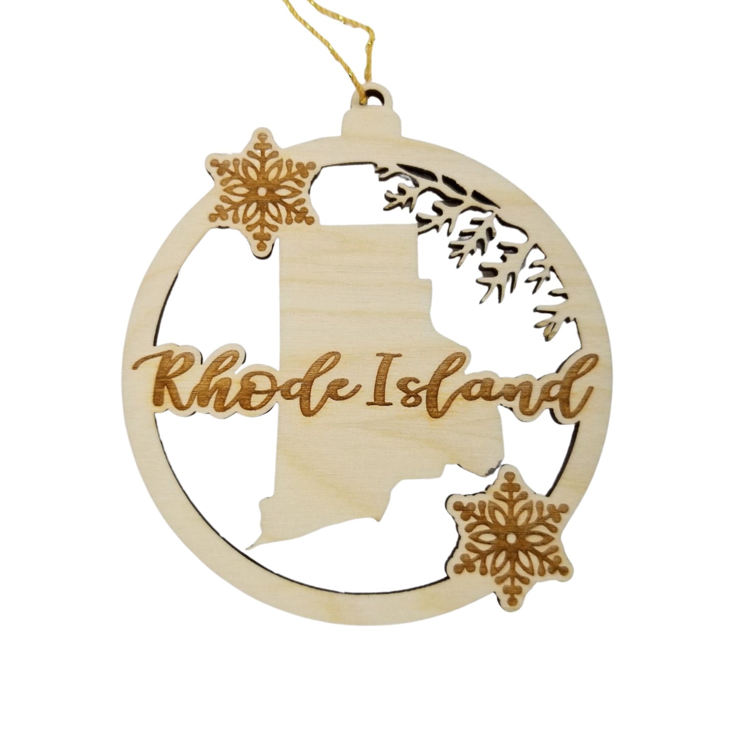 Rhode Island Wood Ornament - State Shape with Snowflakes Cutout RI - Handmade Wood Ornament Made in USA Christmas Decor