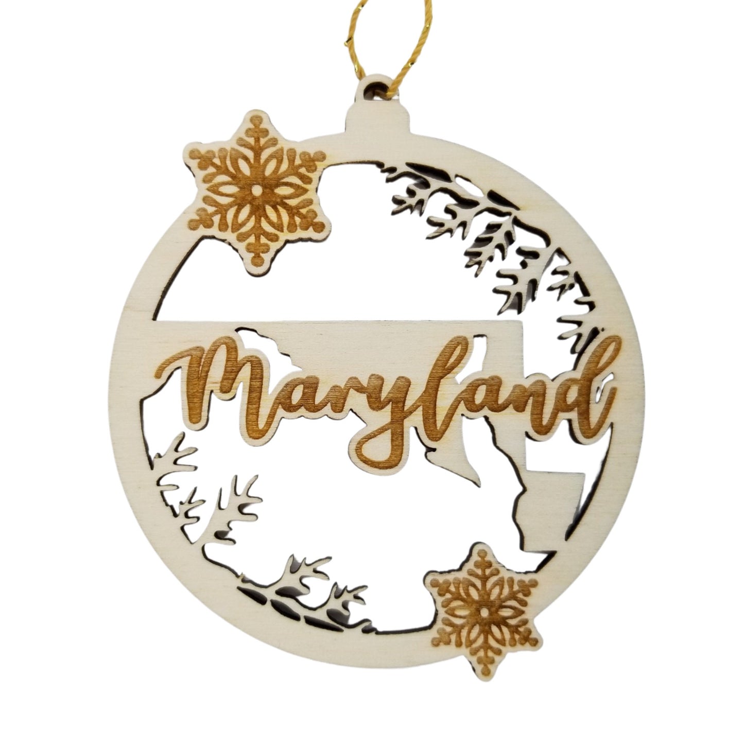 Maryland Wood Ornament - State Shape with Snowflakes Cutout MD - Handmade Wood Ornament Made in USA Christmas Decor