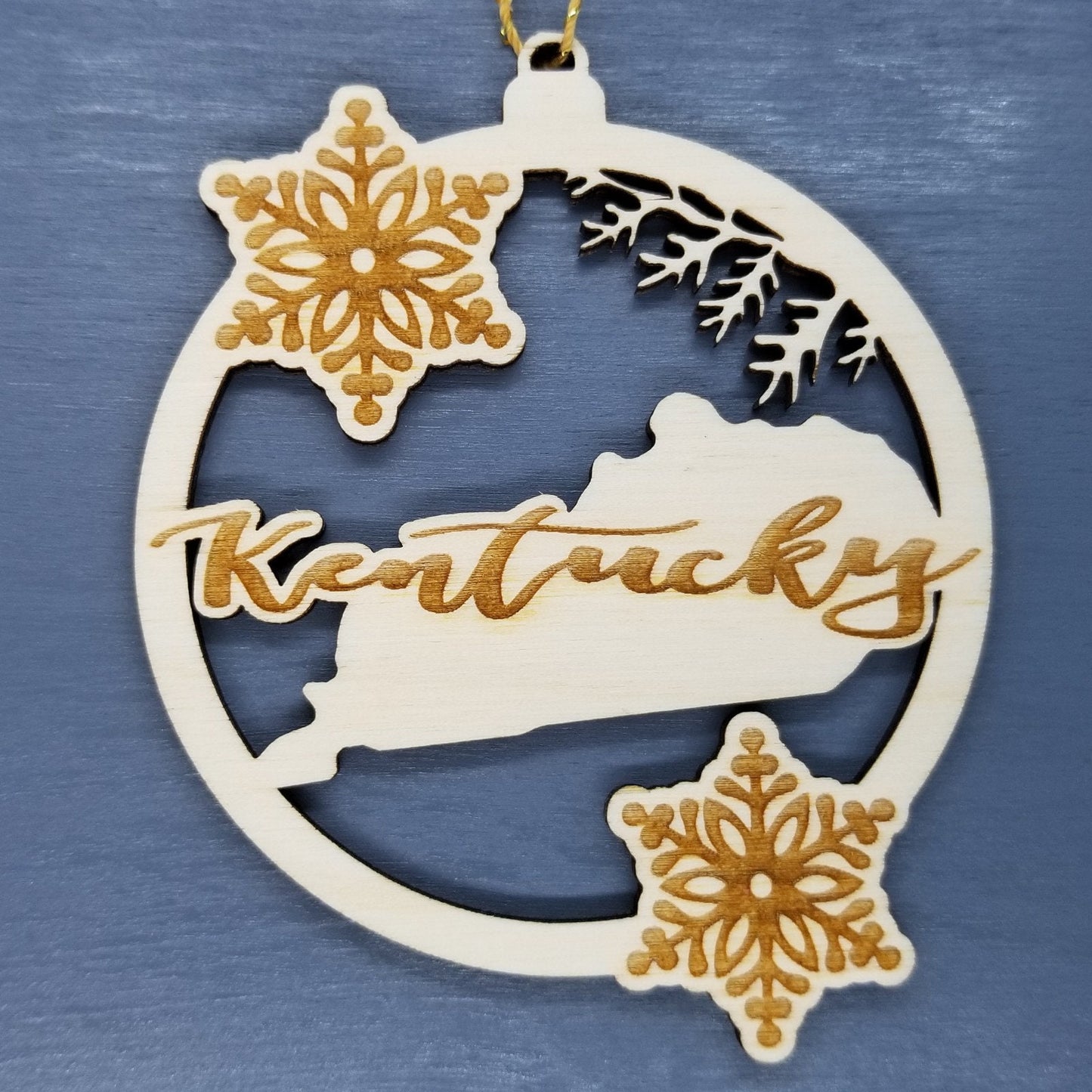Kentucky Wood Ornament - KY State Shape with Snowflakes Cutout - Handmade Wood Ornament Made in USA Christmas Decor