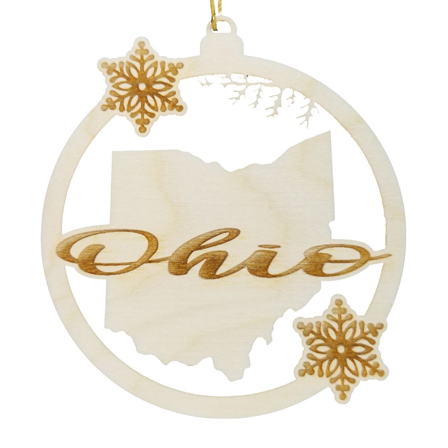 Ohio Wood Ornament - State Shape with Snowflakes Cutout OH - Handmade Wood Ornament Made in USA Christmas Decor