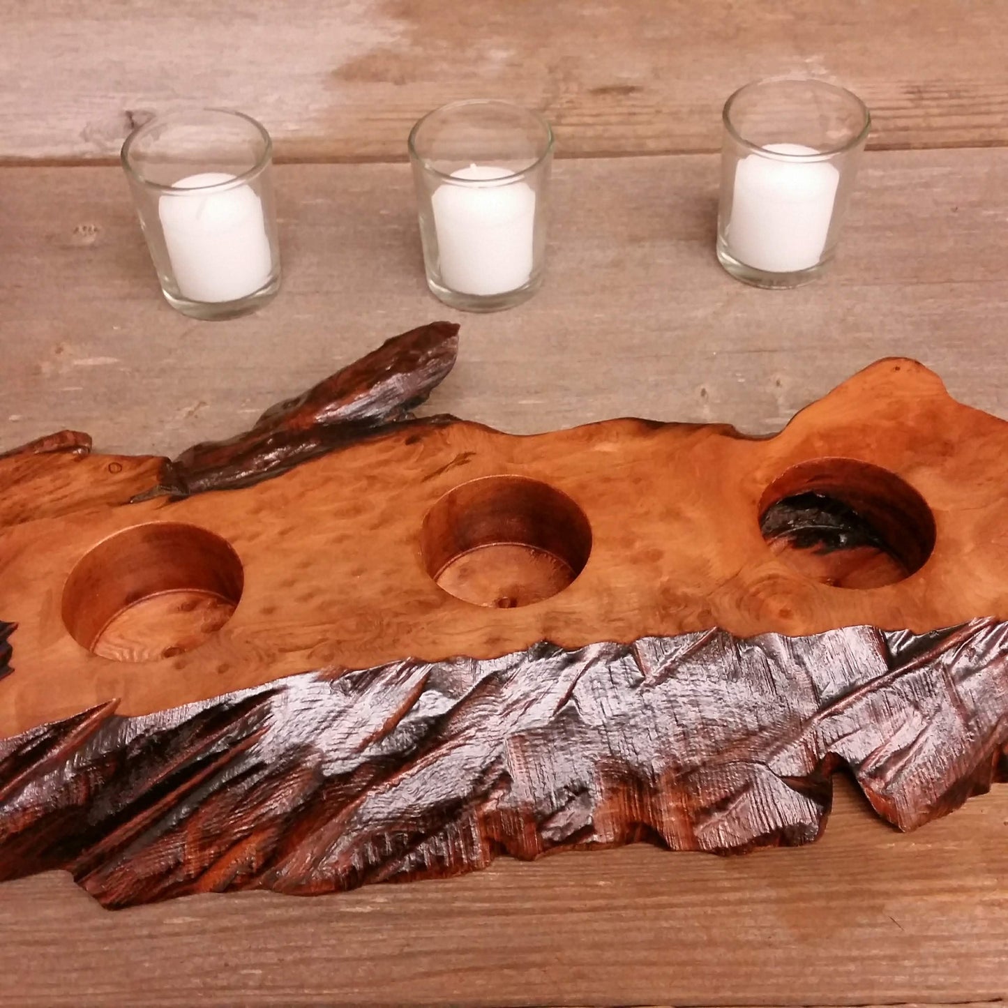 Wood Candle Holder Redwood Rustic Home Decor 3 Votive Handmade Wood 5th Anniversary #R Mother's Day Wedding Gift Unique Gift