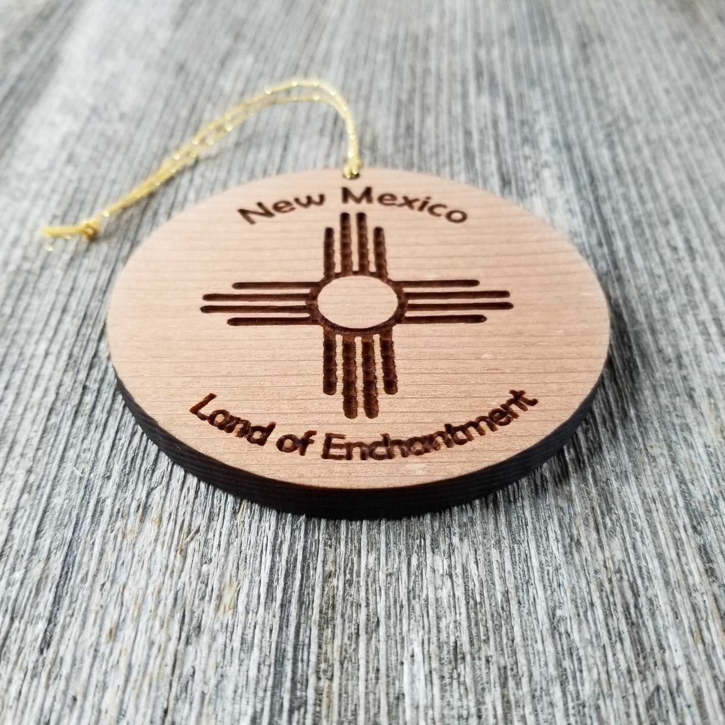 New Mexico Wood Ornament Land of Enchantment Zia Flag Symbol Handmade in USA Souvenir - 15010