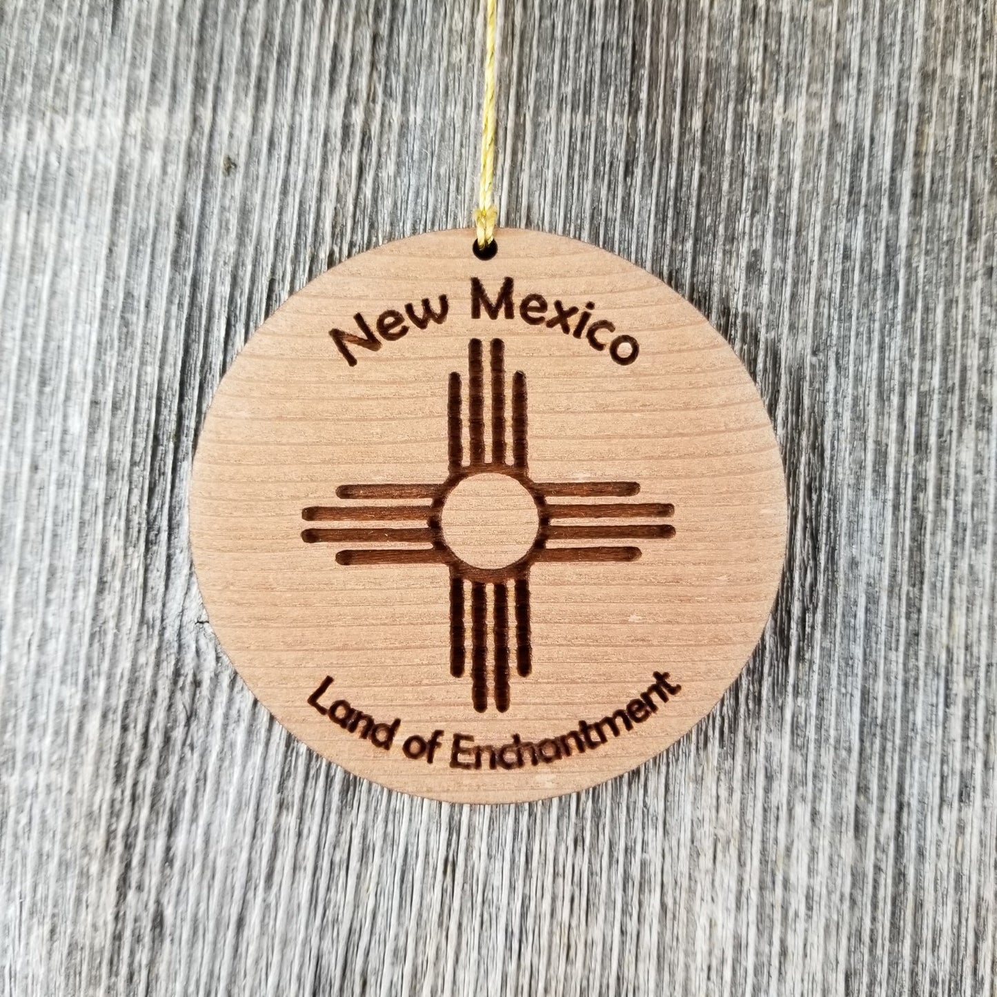 New Mexico Wood Ornament Land of Enchantment Zia Flag Symbol Handmade in USA Souvenir - 15010
