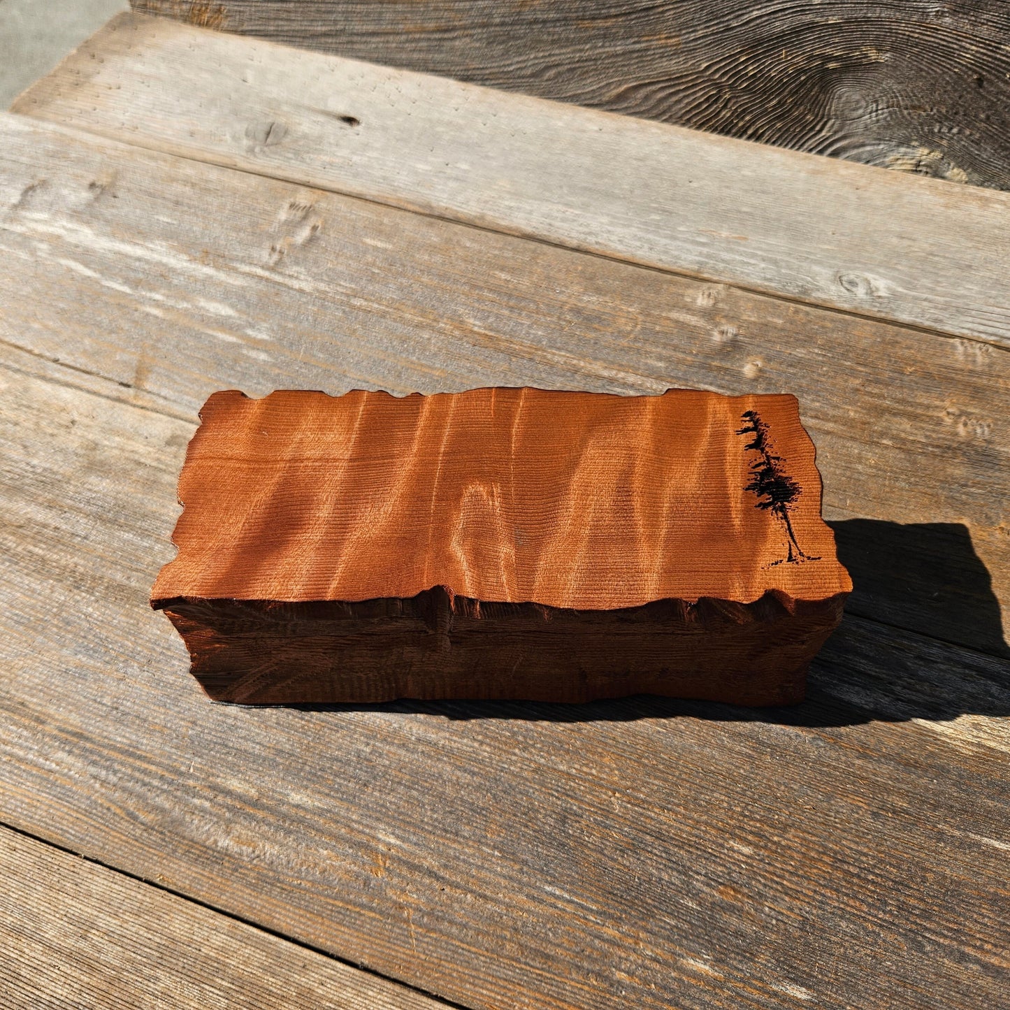 Handmade Wood Box with Redwood Tree Engraved Rustic Handmade Curly Wood #599 California Redwood Jewelry Box Storage Box