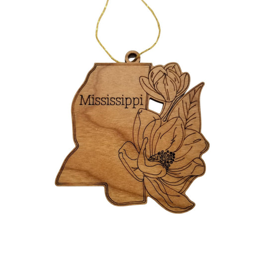 Mississippi Wood Ornament -  State Shape with State Flowers Magnolias MS - Handmade Wood Ornament Made in USA Christmas Decor