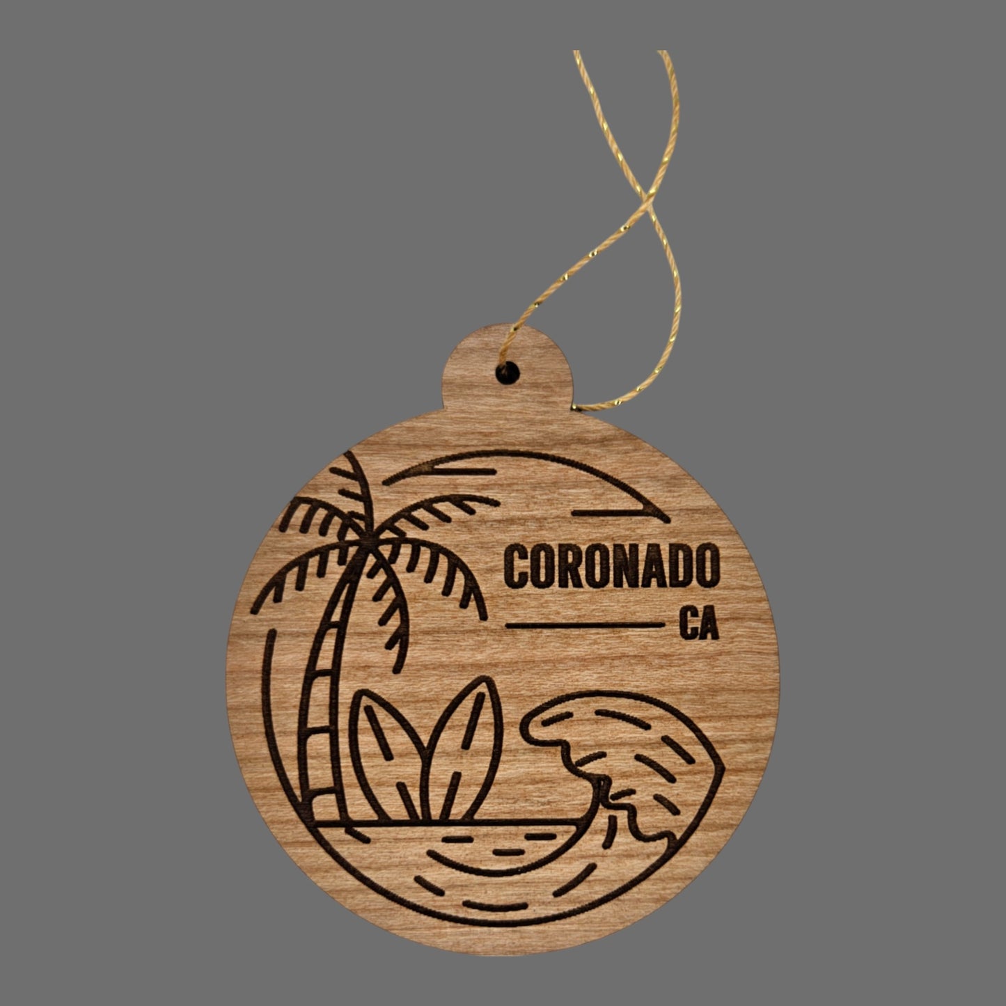 Coronado California Ornament Handmade Wood Ornament Souvenir CA Ocean Beach Waves Palm Trees Surfboards Travel Gift Made in USA