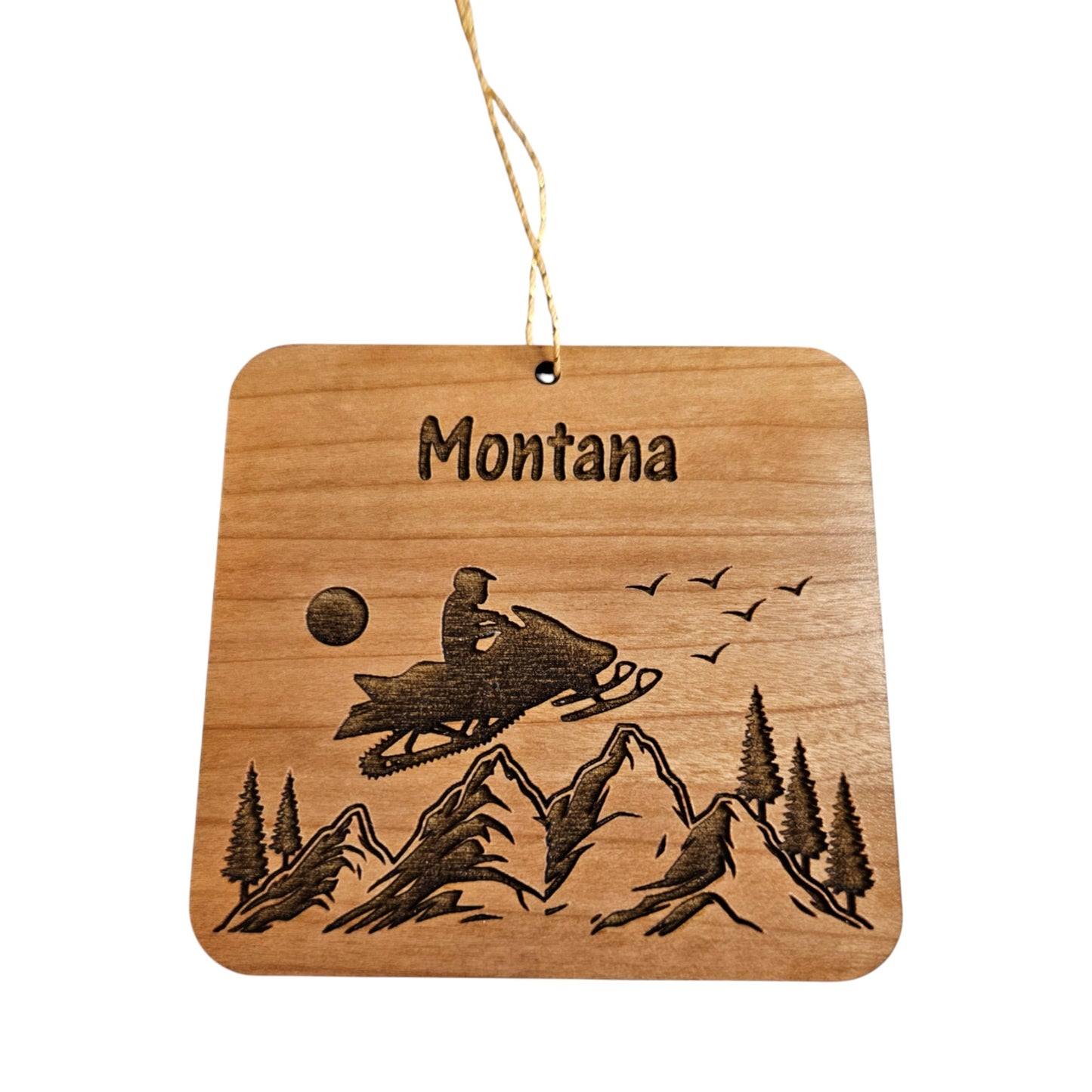 Montana Snowmobile Mountains Ornament Handmade Wood Souvenir  - 15803