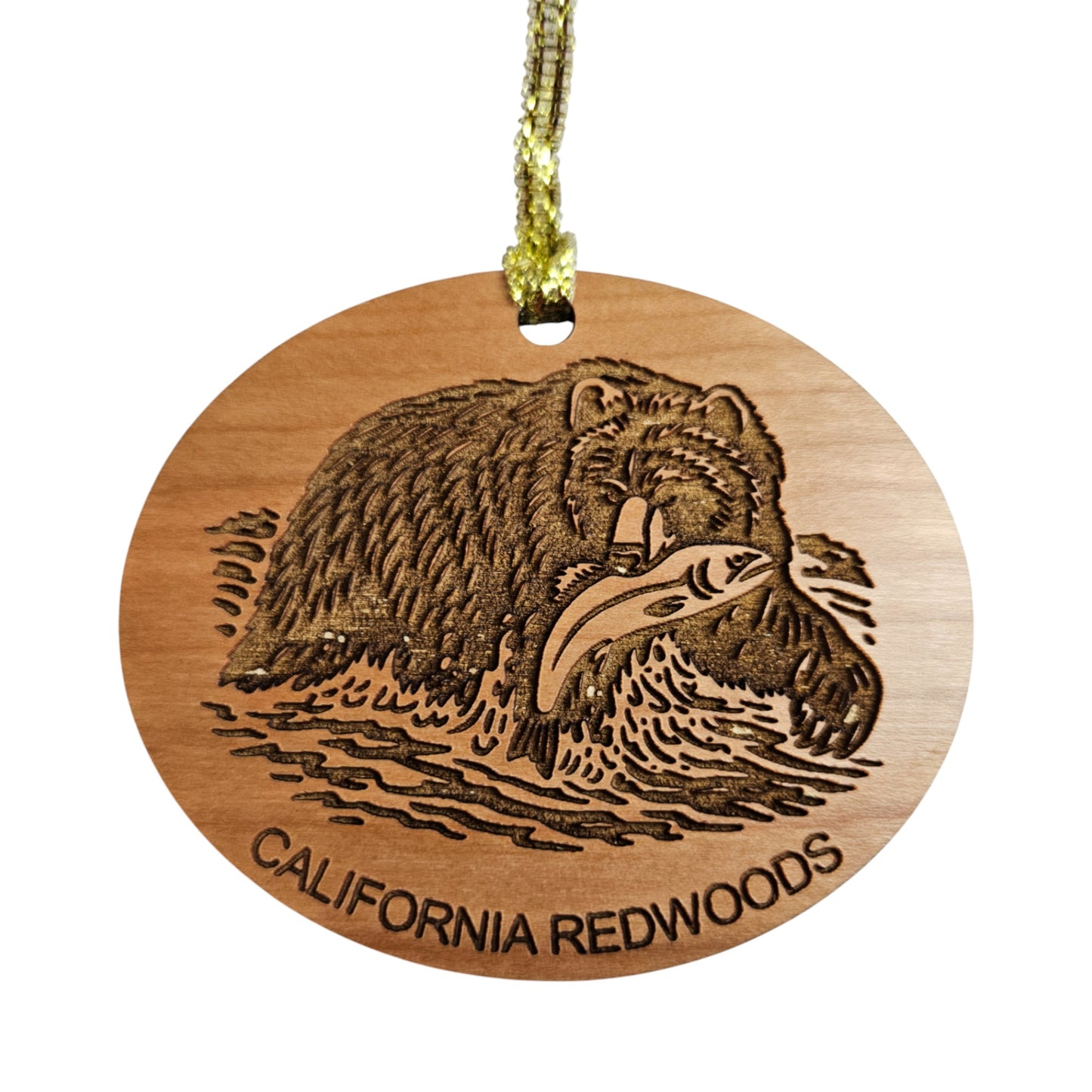 Bear with Fish California Redwoods Ornament - Handmade Wood Souvenir - 15809